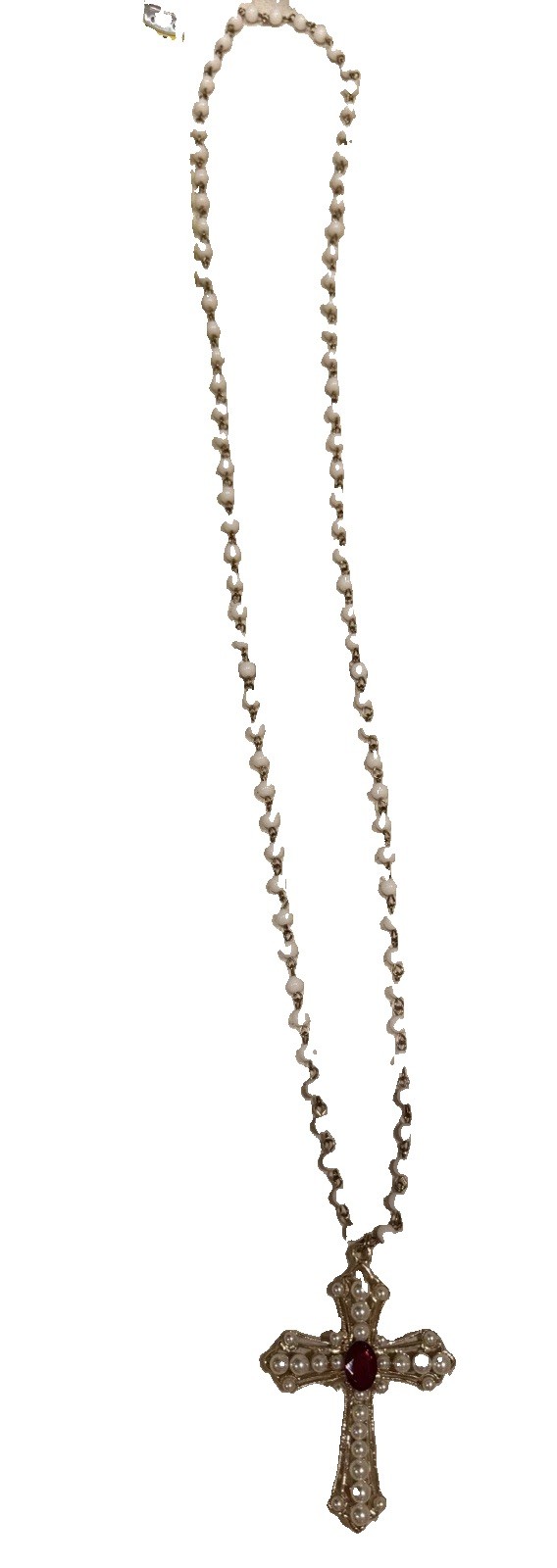 Gold Tone Cross Pendant Beaded Necklace Faux Pearls White w/ Red Oval Detail