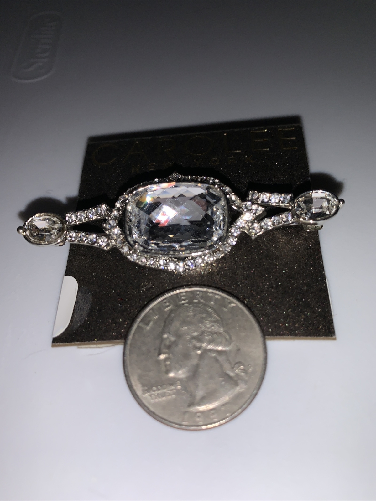 NWT Carolee silver tone crystal 2-1/4”x1” bar pin brooch signed CS404