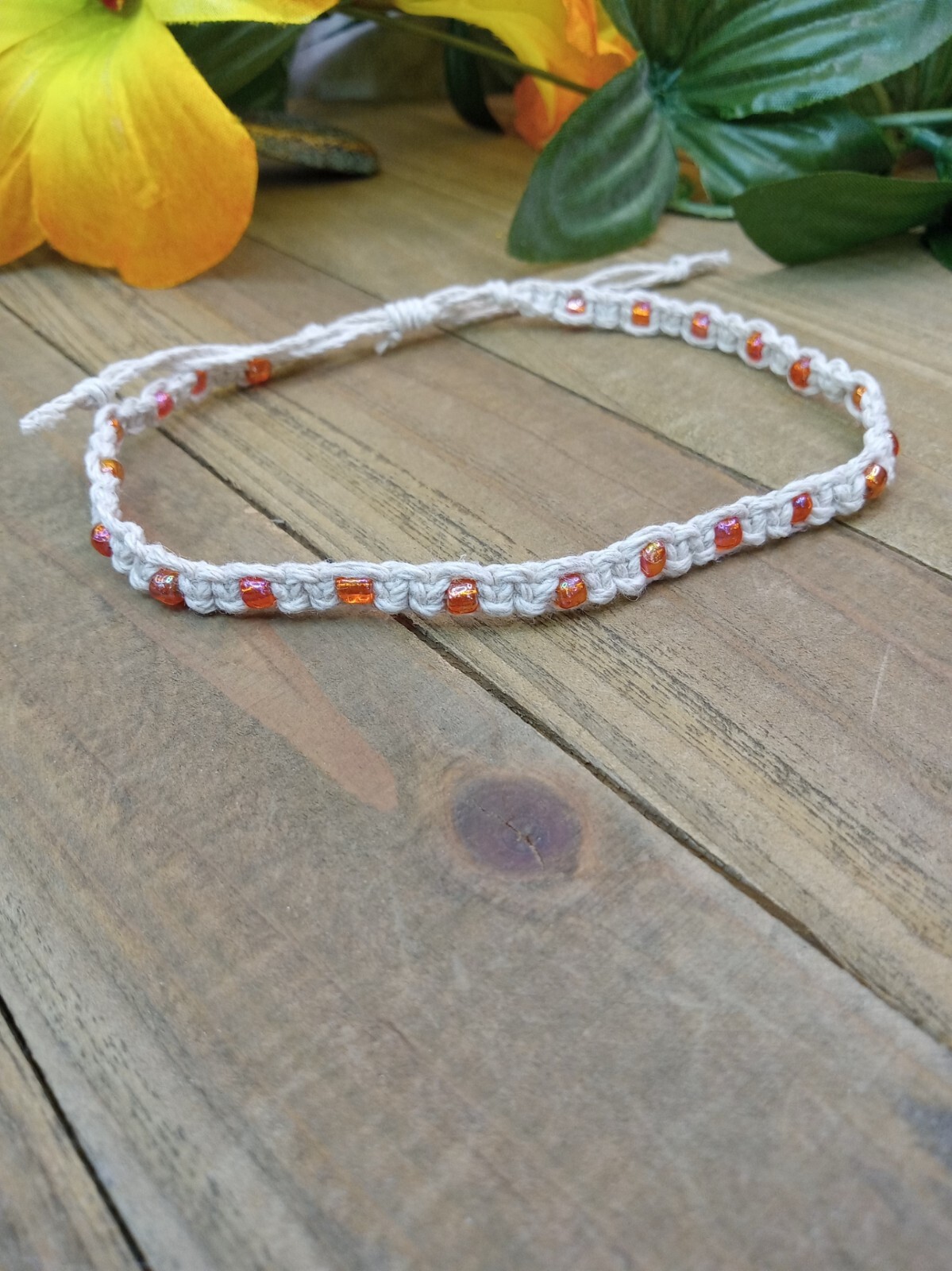 Natural Hemp Anklet with Orange Glass Beads 9.5 inches Hand Knotted Macrame