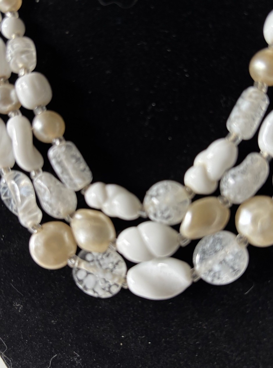 Strand Milk Glass Beaded Necklace White Clear Gold Glass Statement Vintage Style