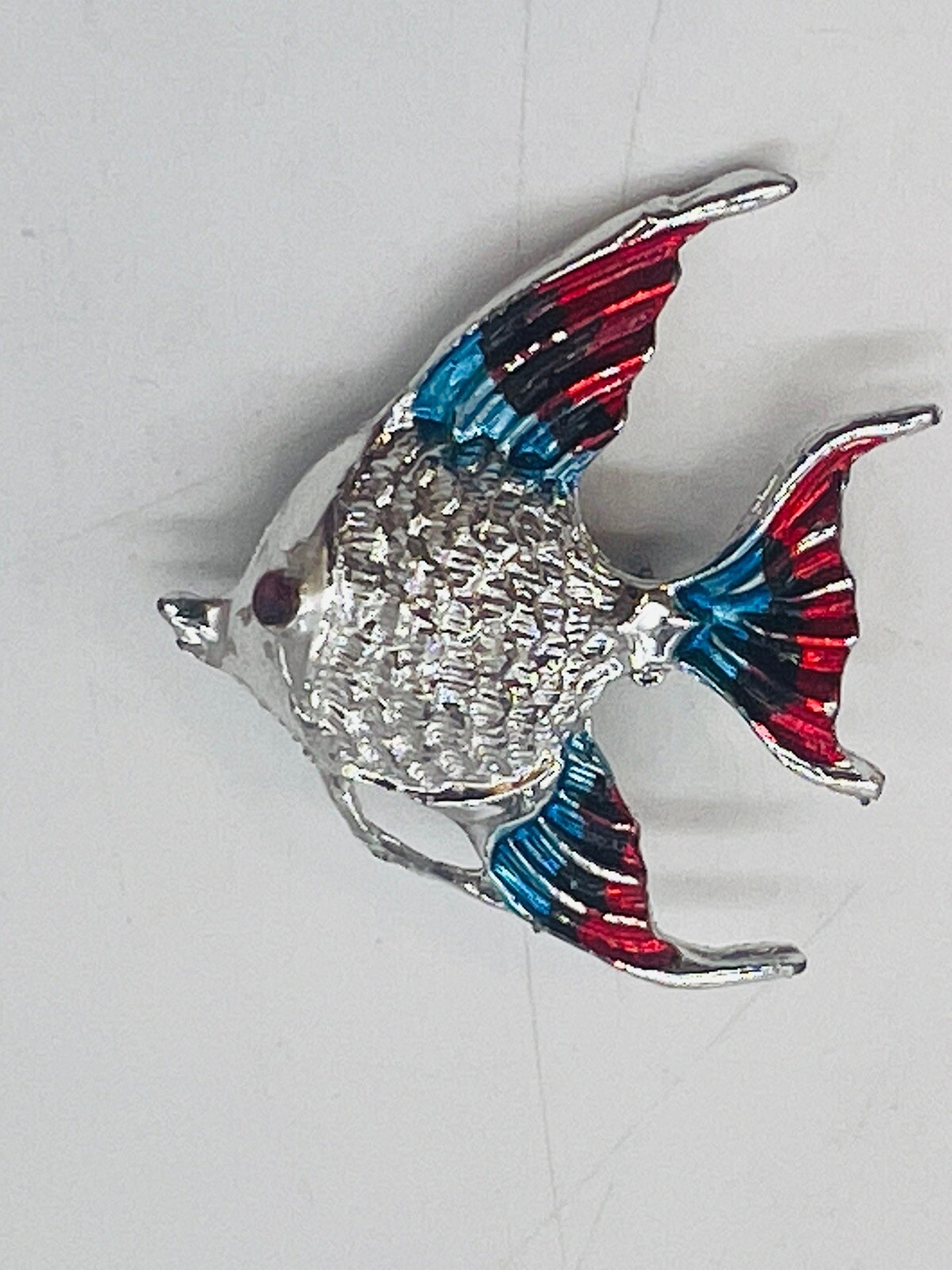 Vintage Angel Fish Pin Brooch Patriotic Red Blue White Silver Tone Tropical