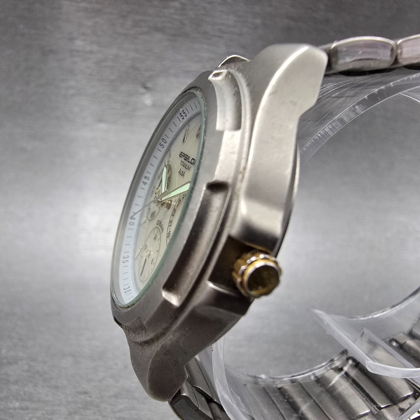 Seiko Alba Epsilon Watch Men 36mm Gray Dial Titanium Daydate V14J-0A10 Runs