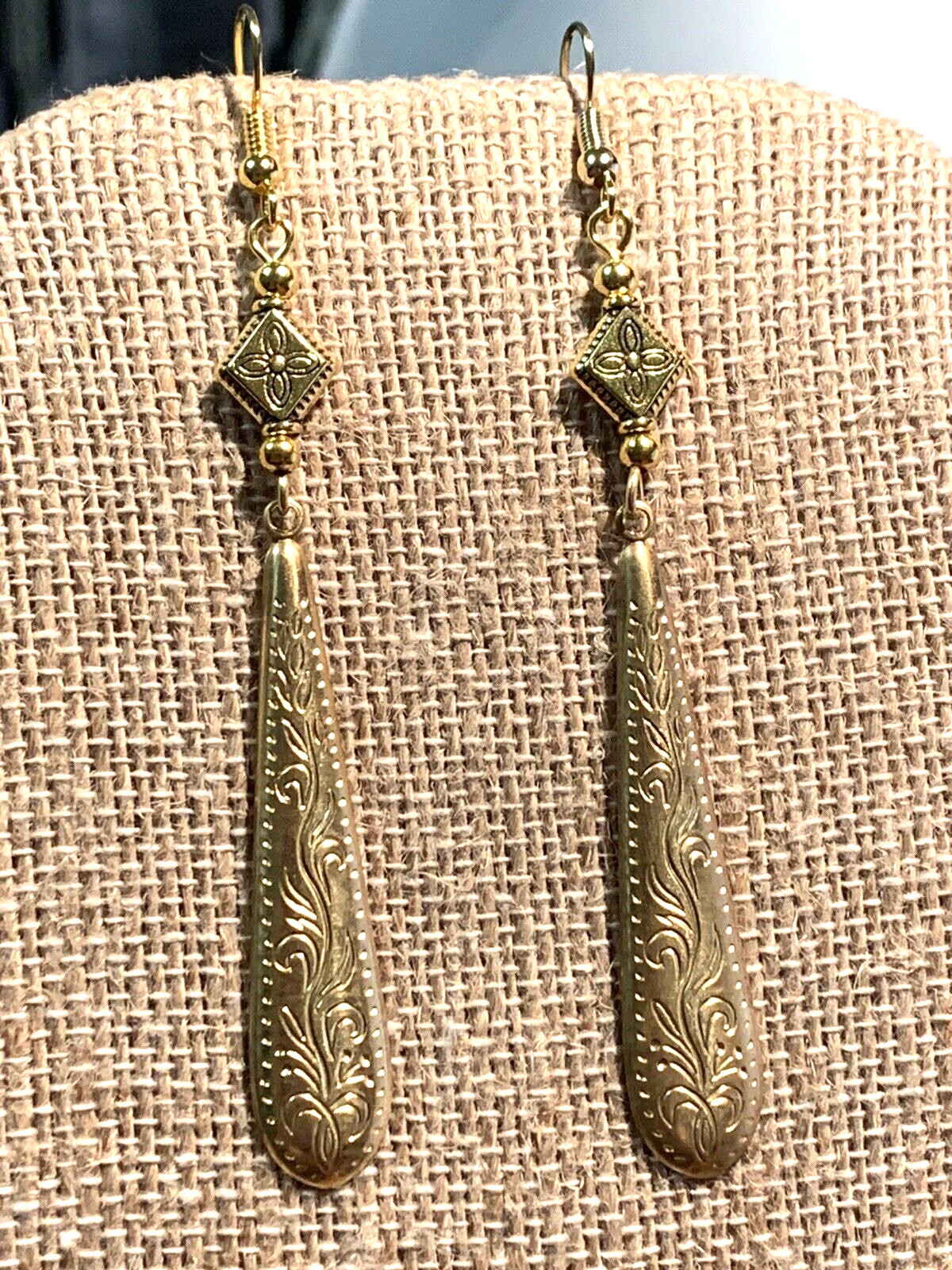 NEW LISTING* HAND-CRAFTED VTG. LARGE ENGRAVED GOLDEN BRASS TAPER DROP EARRINGS