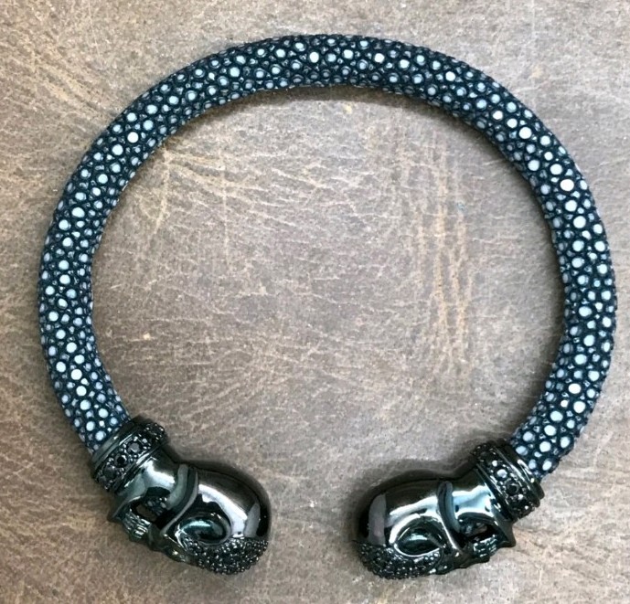 Natural Black Stingray Leather Cuff Bracelet Signed 925 Sterling Silver Skulls