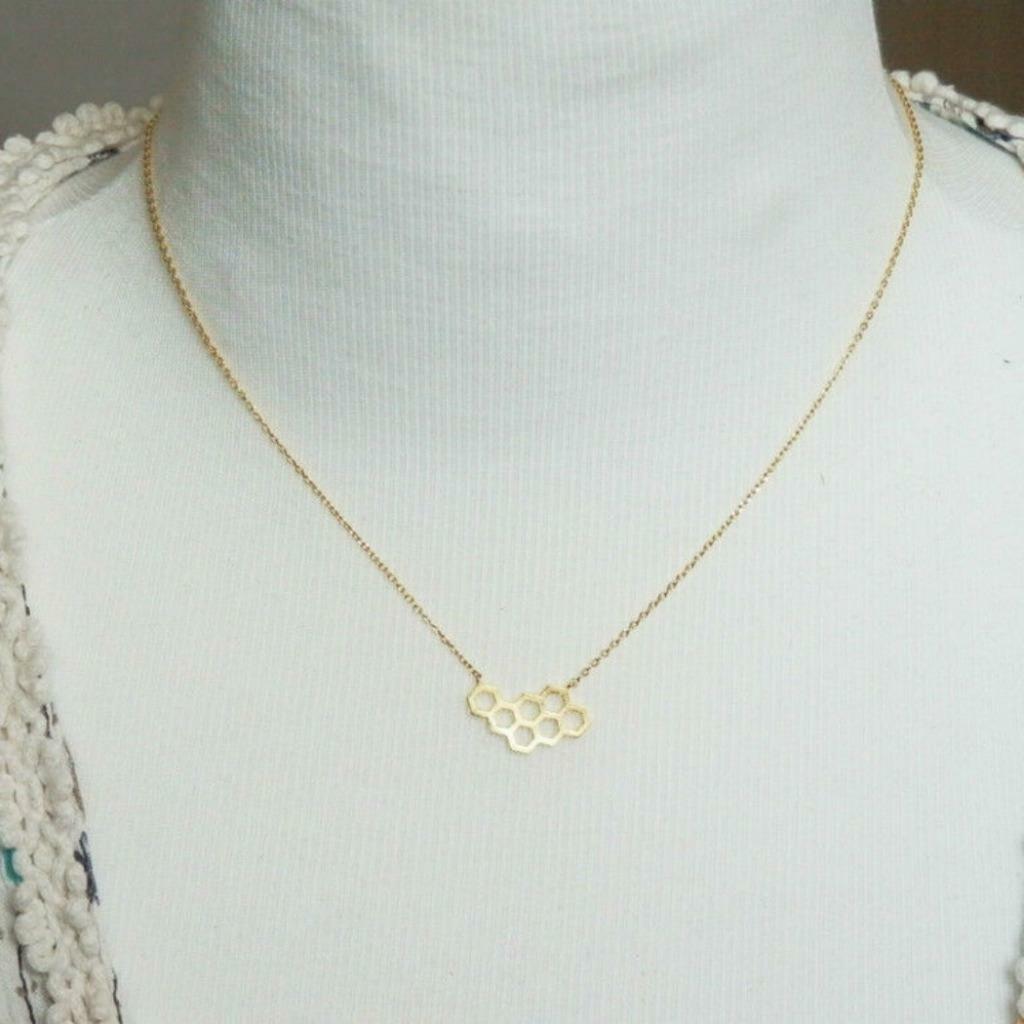 HONEY COMB NECKLACE 0.75″ Tiny Honeycomb Bee Hive Stainless Steel Gold Silver