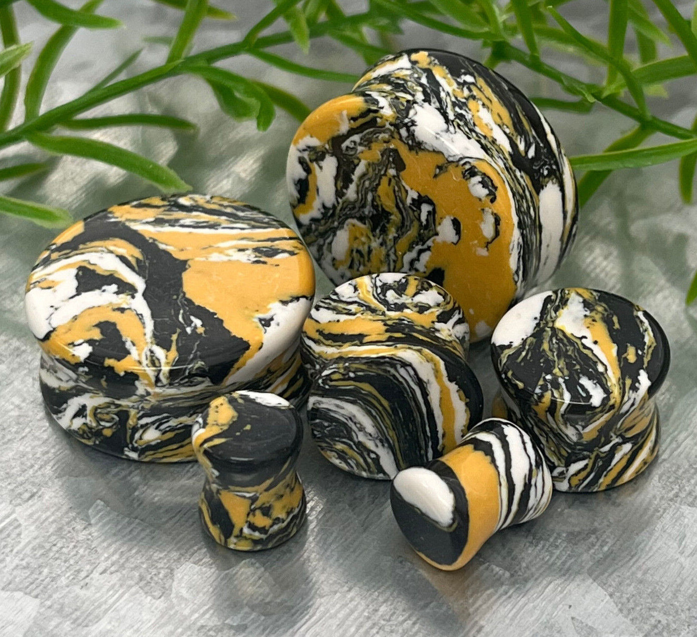 PAIR Black, Yellow & White Synthetic Turquoise Stone Plugs Earlet Tunnel Gauges