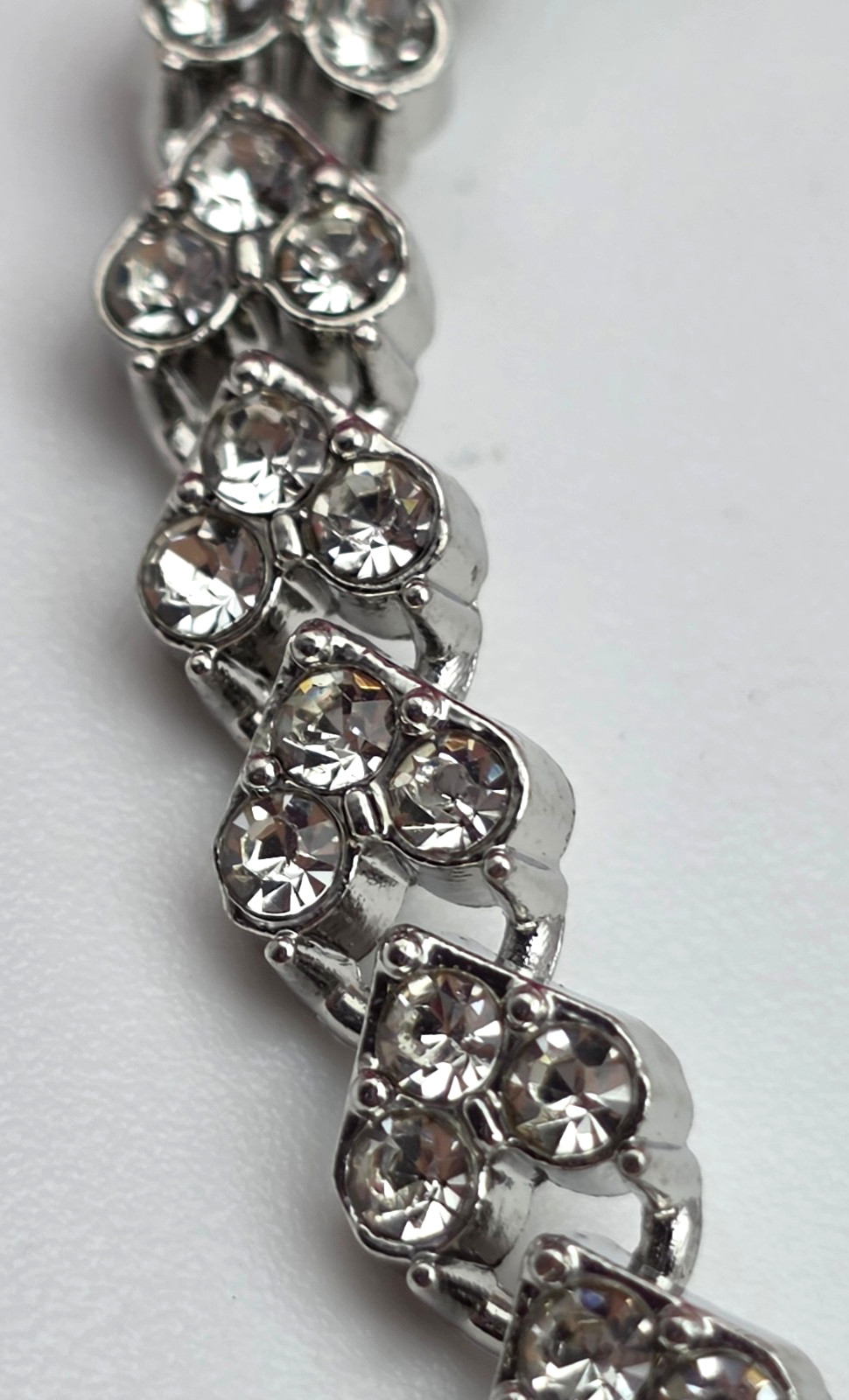 Vintage Silver Tone Clear Crystal Heart Link Tennis Bracelet 7″ Fold Over Clasp