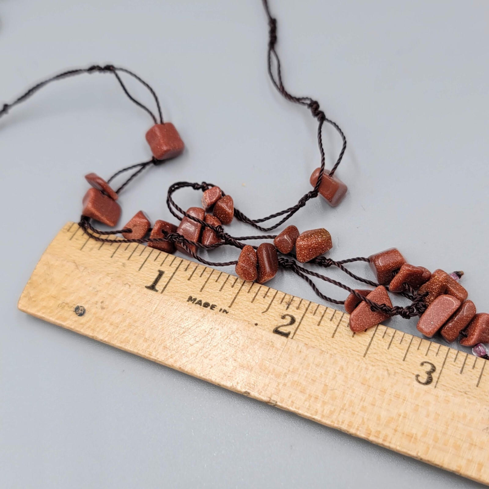 Gold Sandstone Chip Beads Necklace Hand Knotted Cord 18”