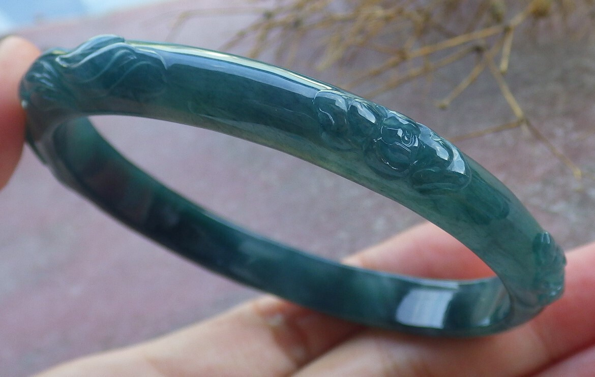 Video Certified Green A JADE Jadeite Flower Bird Bangle Bracelet 61mm 666113
