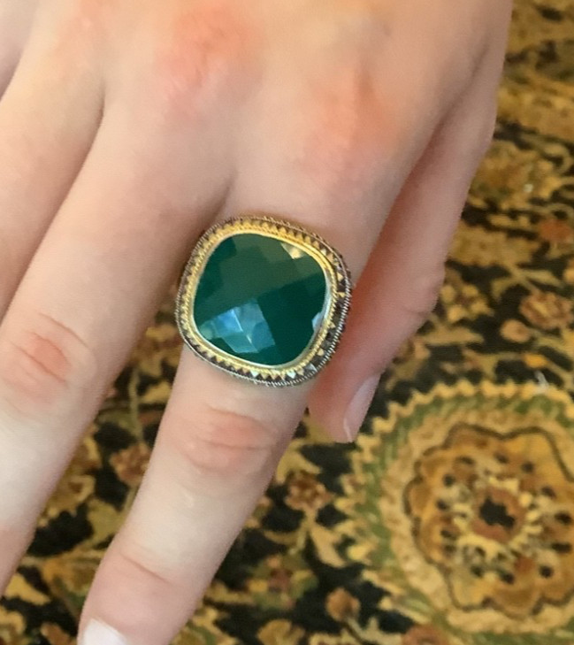 Sterling Silver Green Agate Marcasite Ring, Size 8