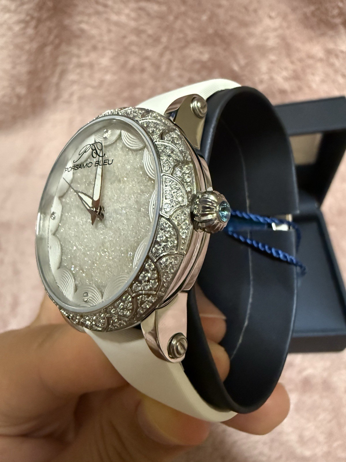 Porsamo Bleu Genevieve Luxury Topaz Women’s Satin Leather Watch, Silver, White