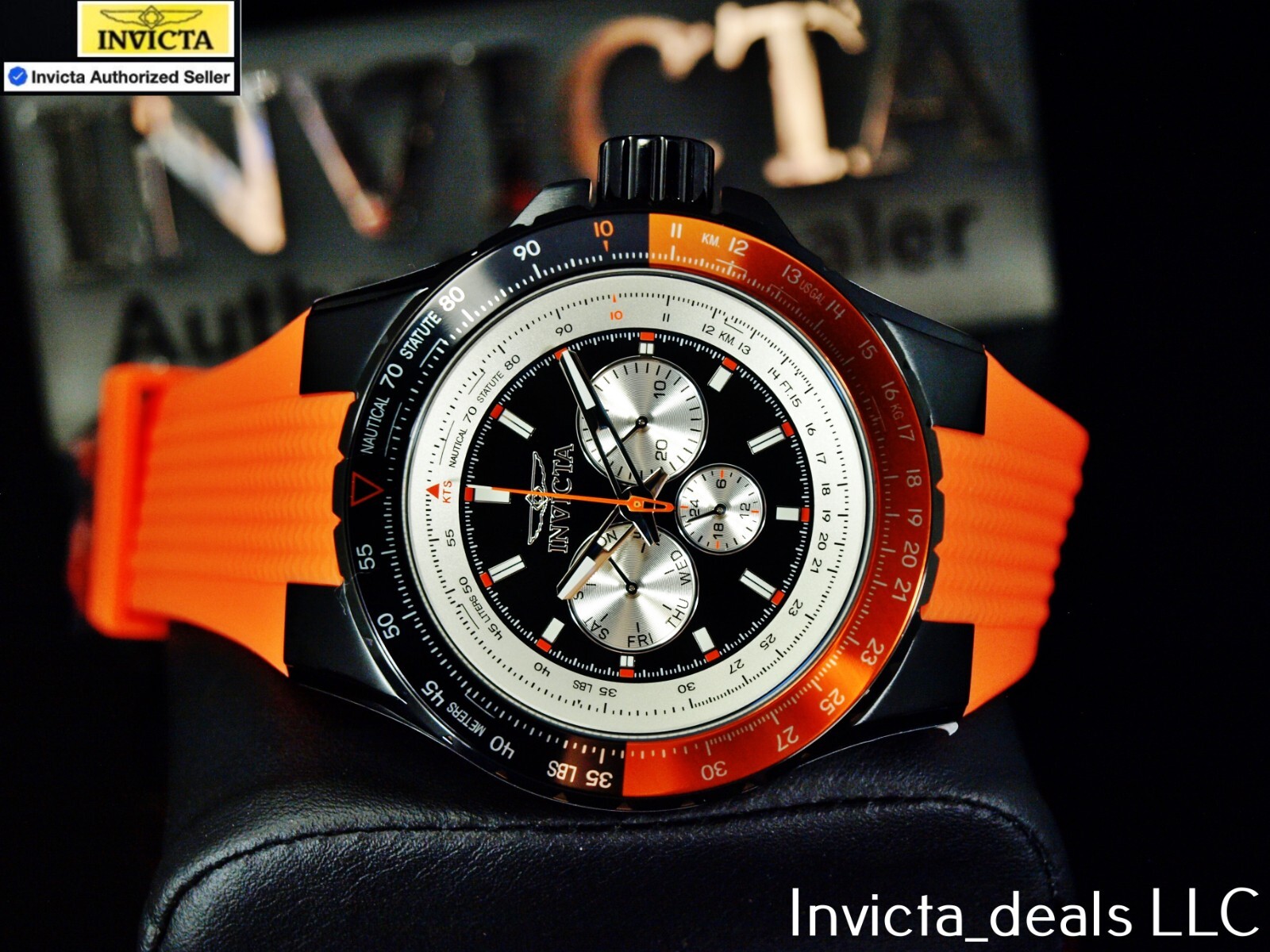 Invicta Men’s 50mm AVIATOR NAUTICAL Series Quartz BLACK DIAL Orange Tone SS Watc