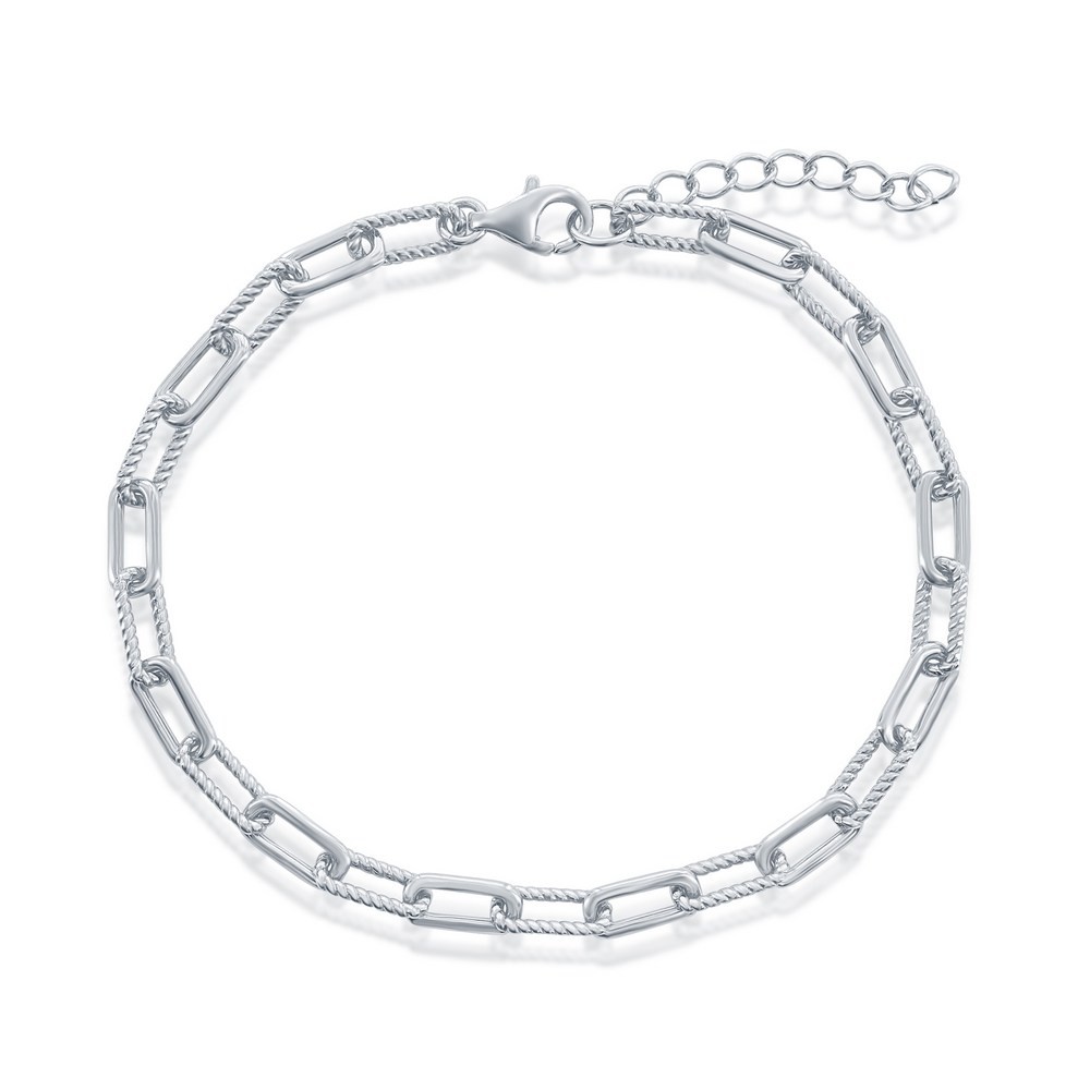 Sterling Silver Polished & Rope Design Paperclip Bracelet Rhodium Plated