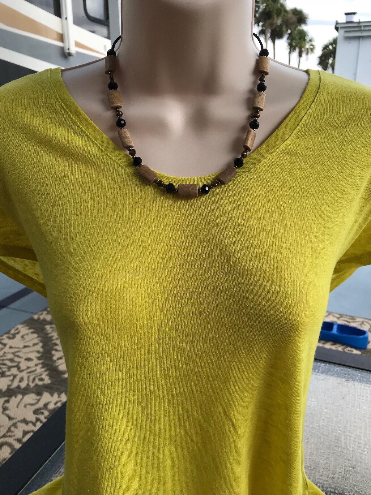 Handmade Necklace Brown Magnesite, Olive Green Freshwater Pearls and Black Glass