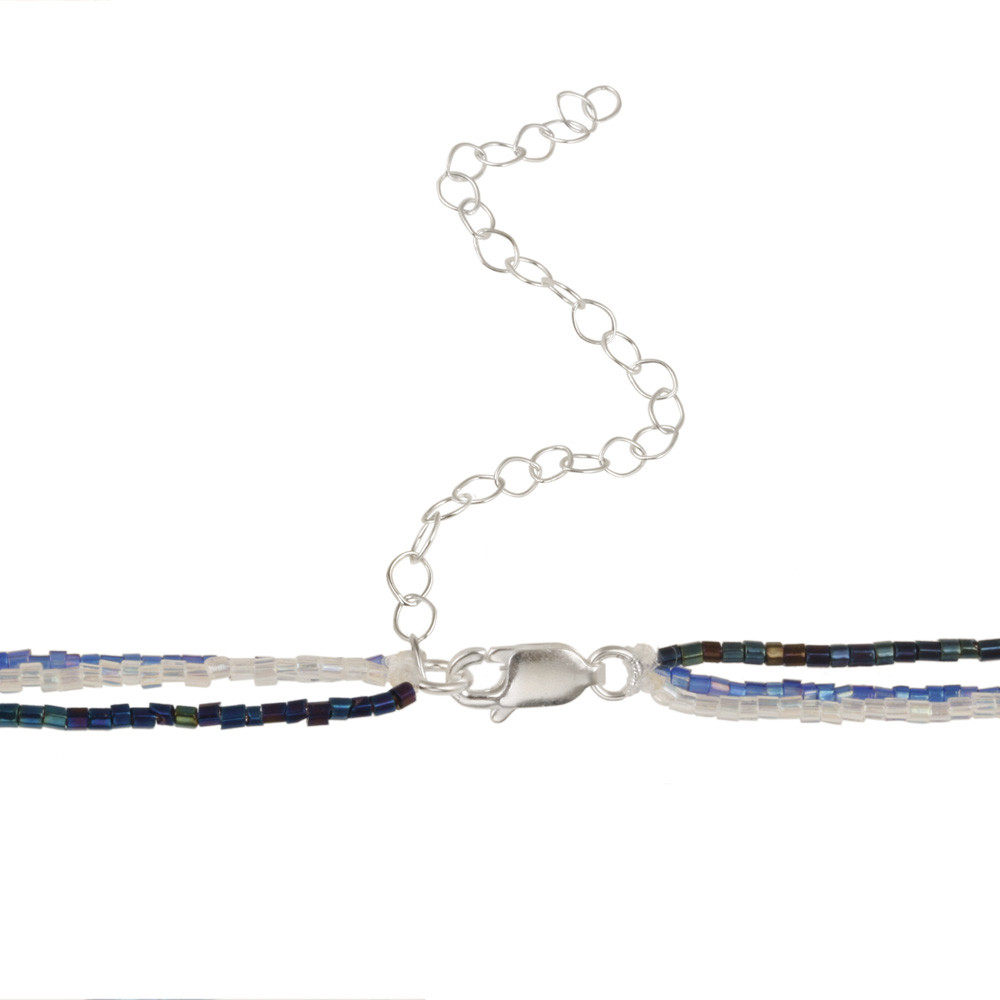 Blue White & Silver Glass Disc Fashion Pendant, 16″