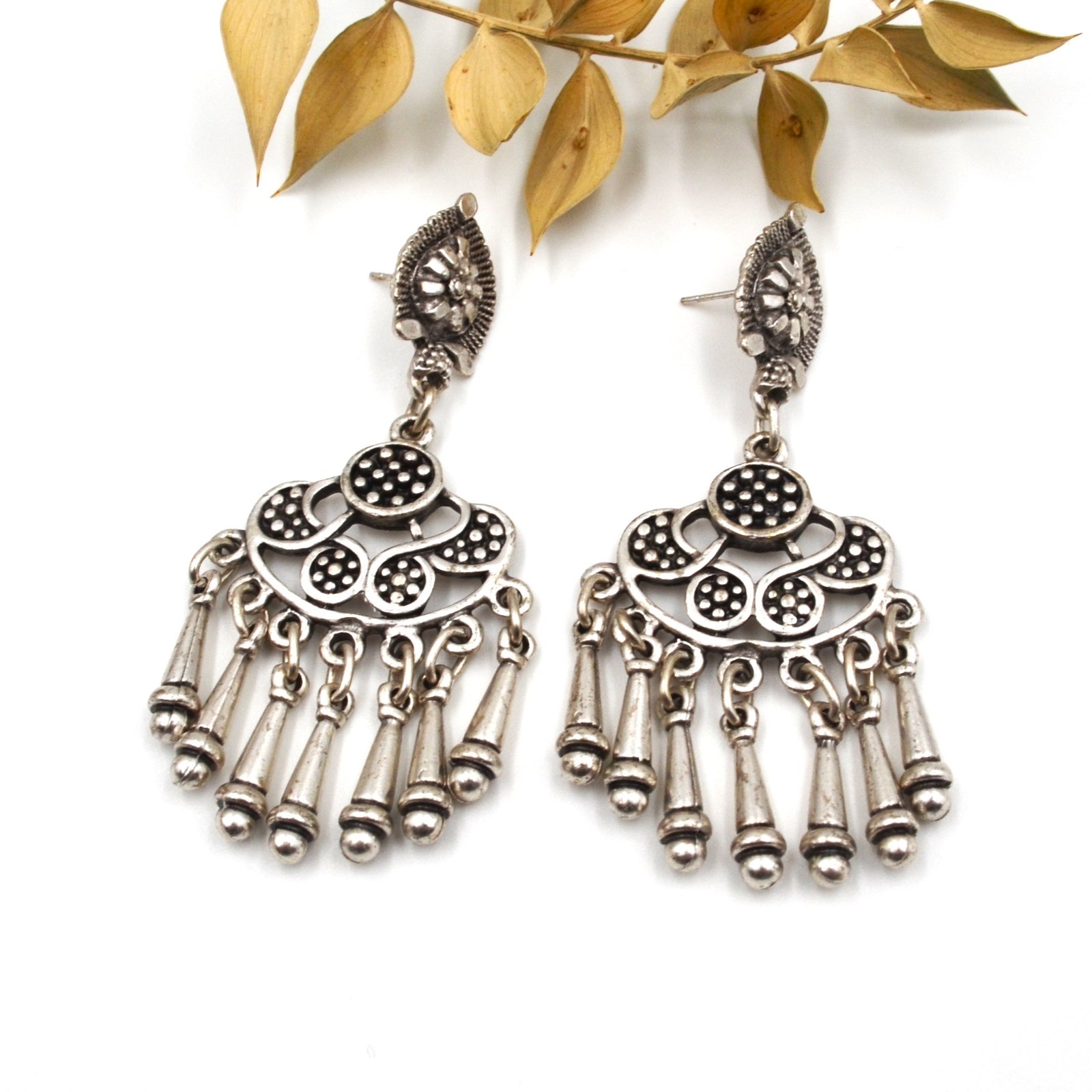 Boho Antique Silver Crescent Chandelier Fringe Dangle Ethnic Bohemian Earrings