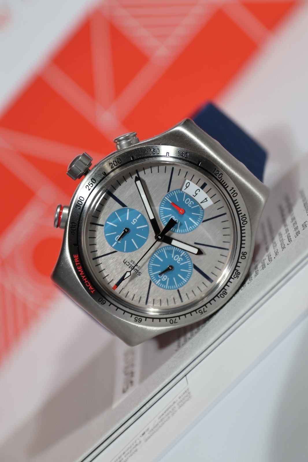 NEW Rare Swiss Swatch Irony BLAU ME ON Silicone Blue Chrono Watch 43MM YVS435