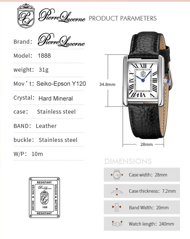 Iconic Swiss Design Pierre Lucerne 1888 Vintage Style Tank Mens Watch Brown Band