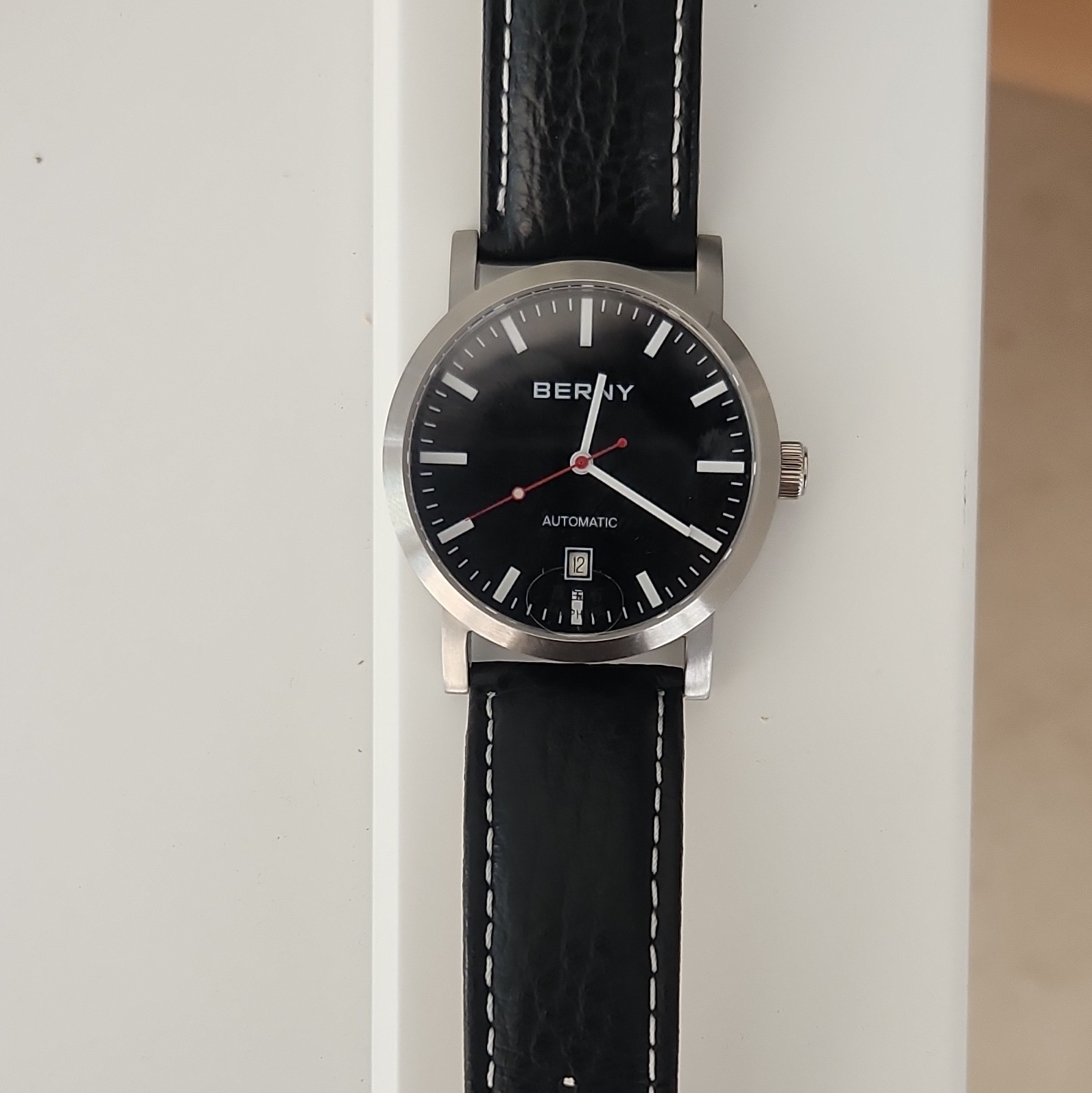 BERNY Automatic Black Dial Date Exhibition Back Steel Case Black Leather Strap