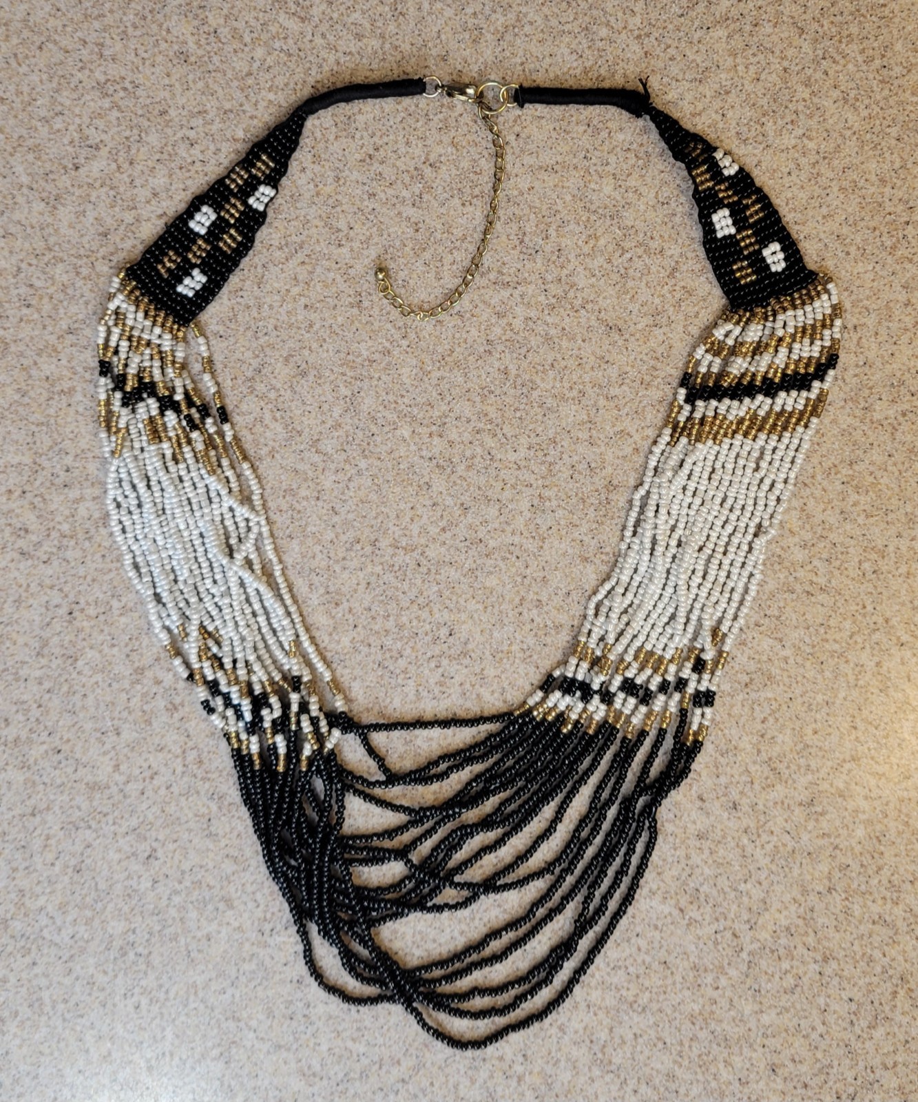 16 Strand Waterfall Necklace Black White Gold Seed Beads Beaded Vintage 22in