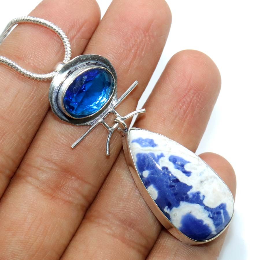 Long Sodalite Iolite Topaz 925 Silver Plated Necklace 18″ Party Wear Gift JW