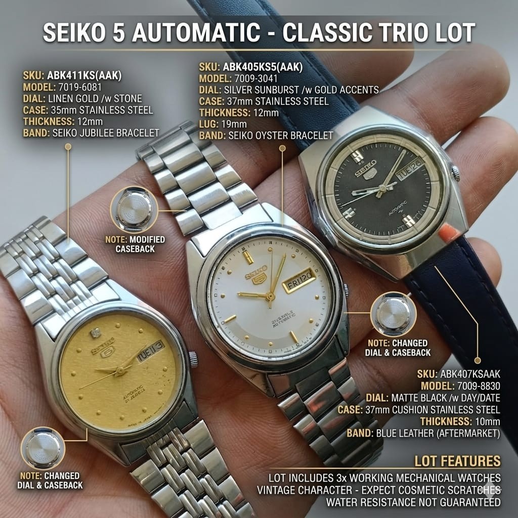 Lot of 3 Seiko 5 Automatic Watches 7009-3041 7019-6081 7009-8830 Vintage Men’s