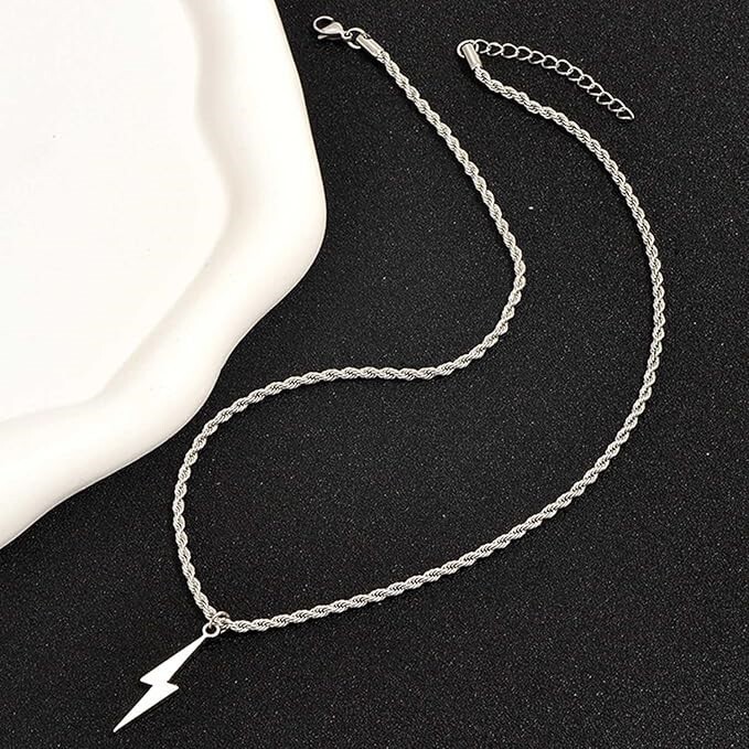 Silver Rope Chain Necklace with Lightning Bolt Pendant –Trendy Statement Jewelry