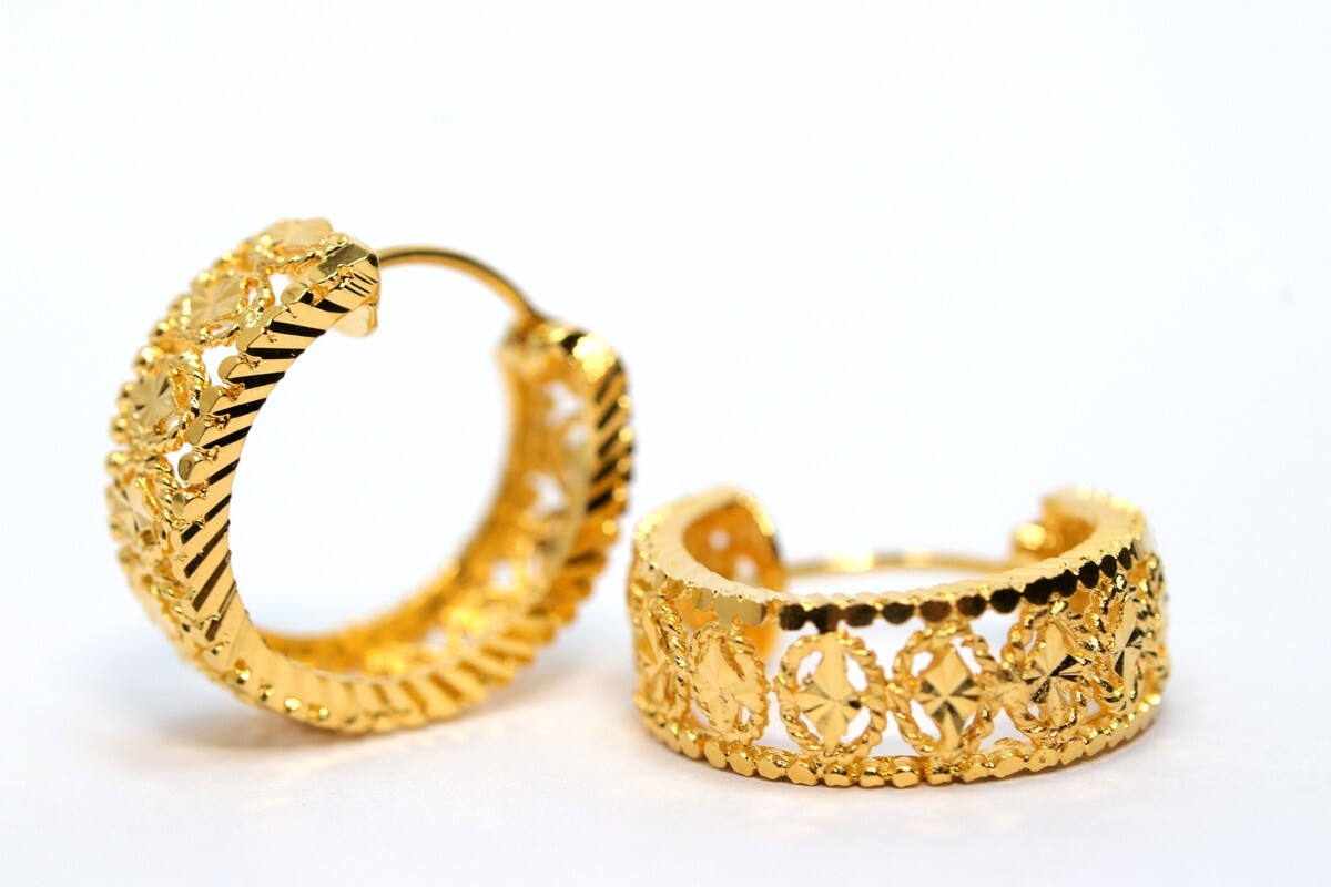Beauty! Detail Diamond-cut Hoop Earrings 22K 18K Gold GP Thai Jewelry GT1