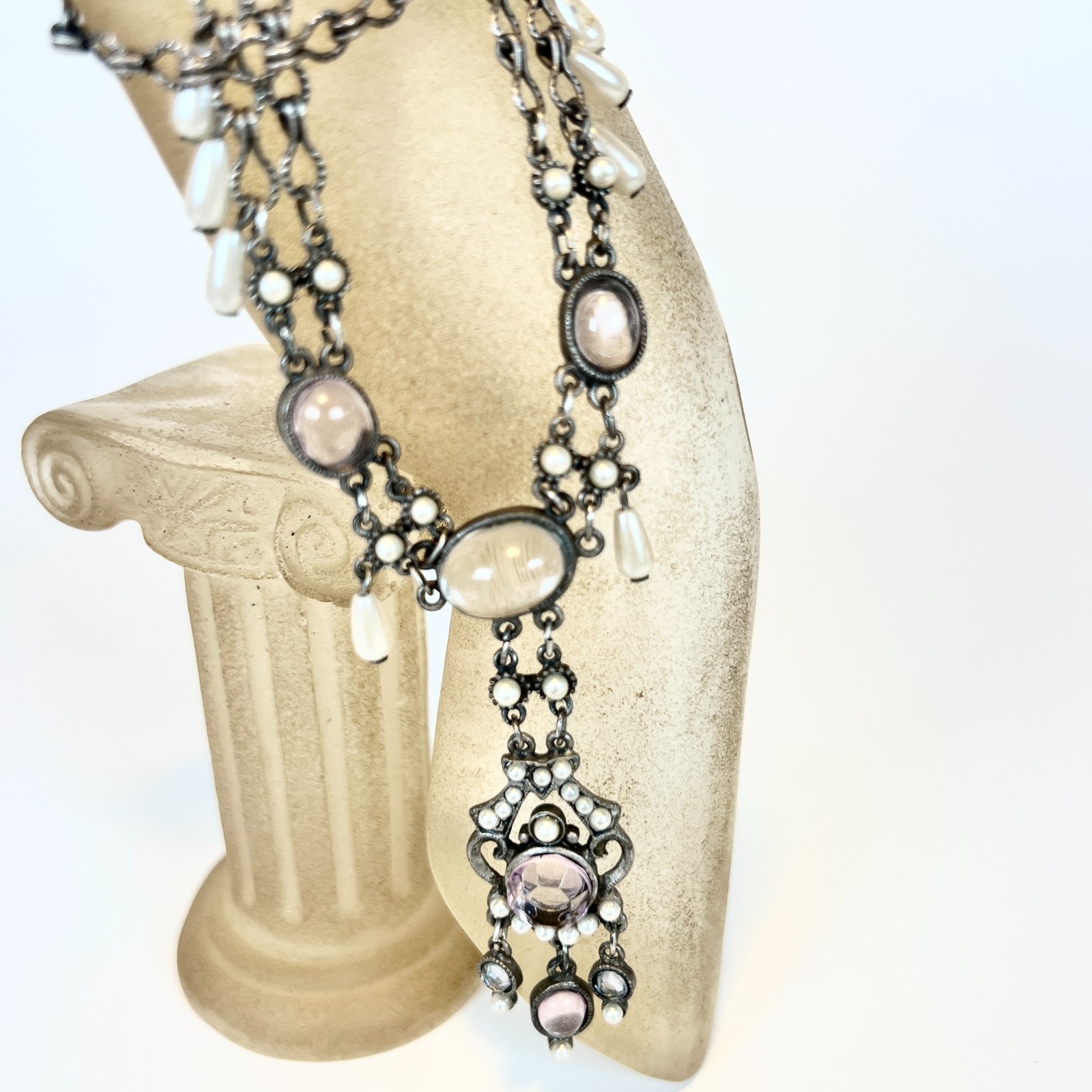 Vintage Moonstone Rhinestone Simulated Pearl Necklace Victorian Poured Glass