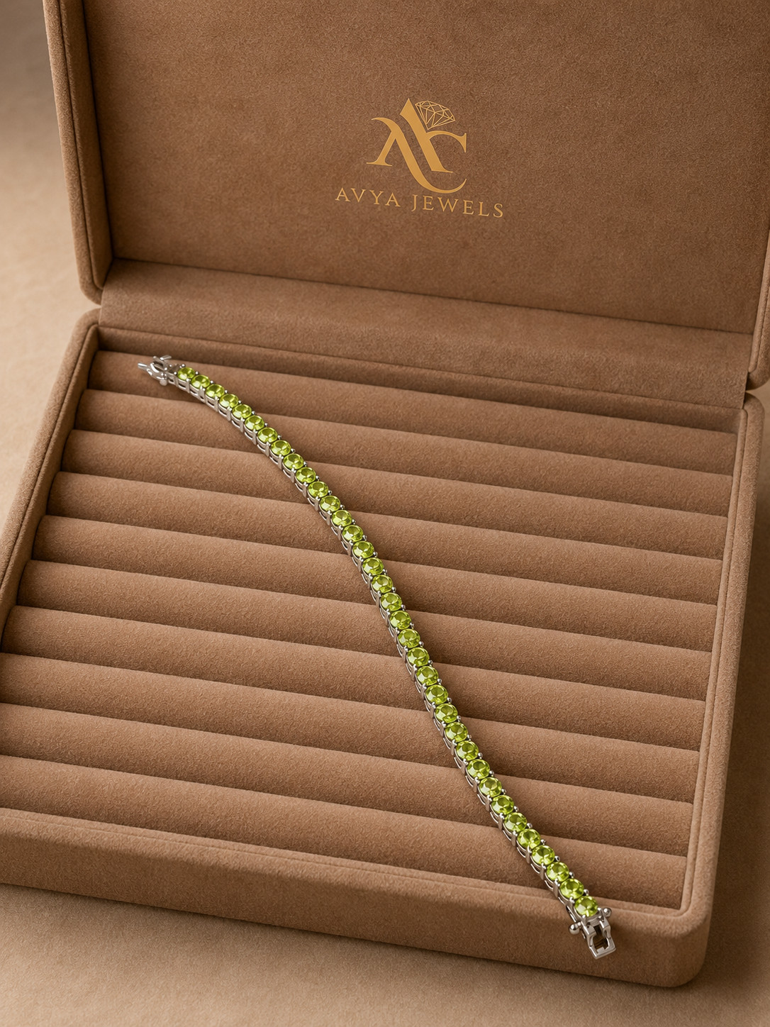 5 MM Round Lab Creted Peridot Tennis Bracelet 925 Silver 14k White Gold Plated