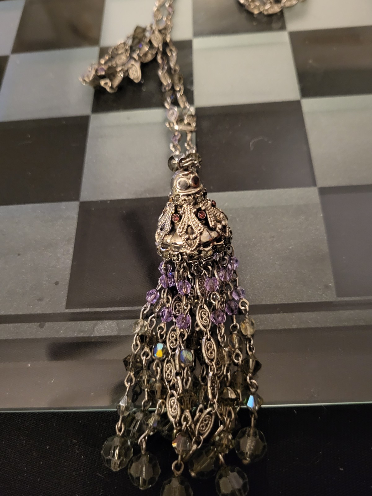 Vintage Sorrelli Smokey Gray Lavander Crystal Long Tassel Pendent Necklace