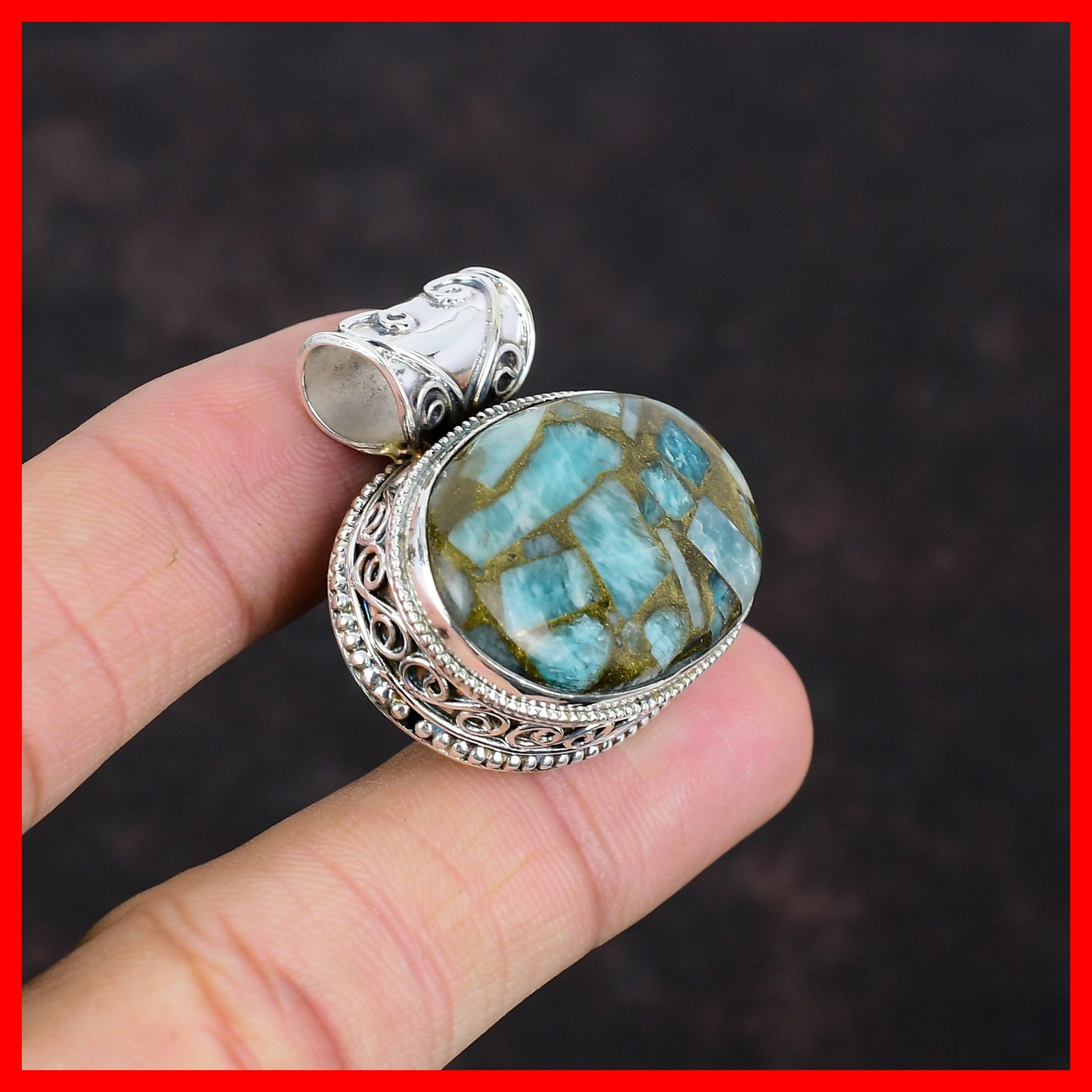 Copper Amazonite Stone Bezel New Vintage Wedding Boho Pendant Jewelry 925 Silver