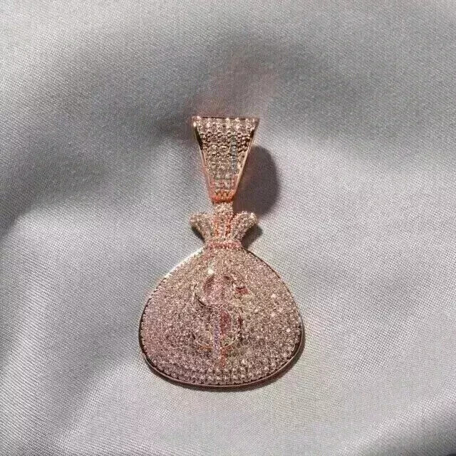 1.50Ct Round Cut Real Moissanite Custom Money Bag Pendant 14K Rose Gold Plated