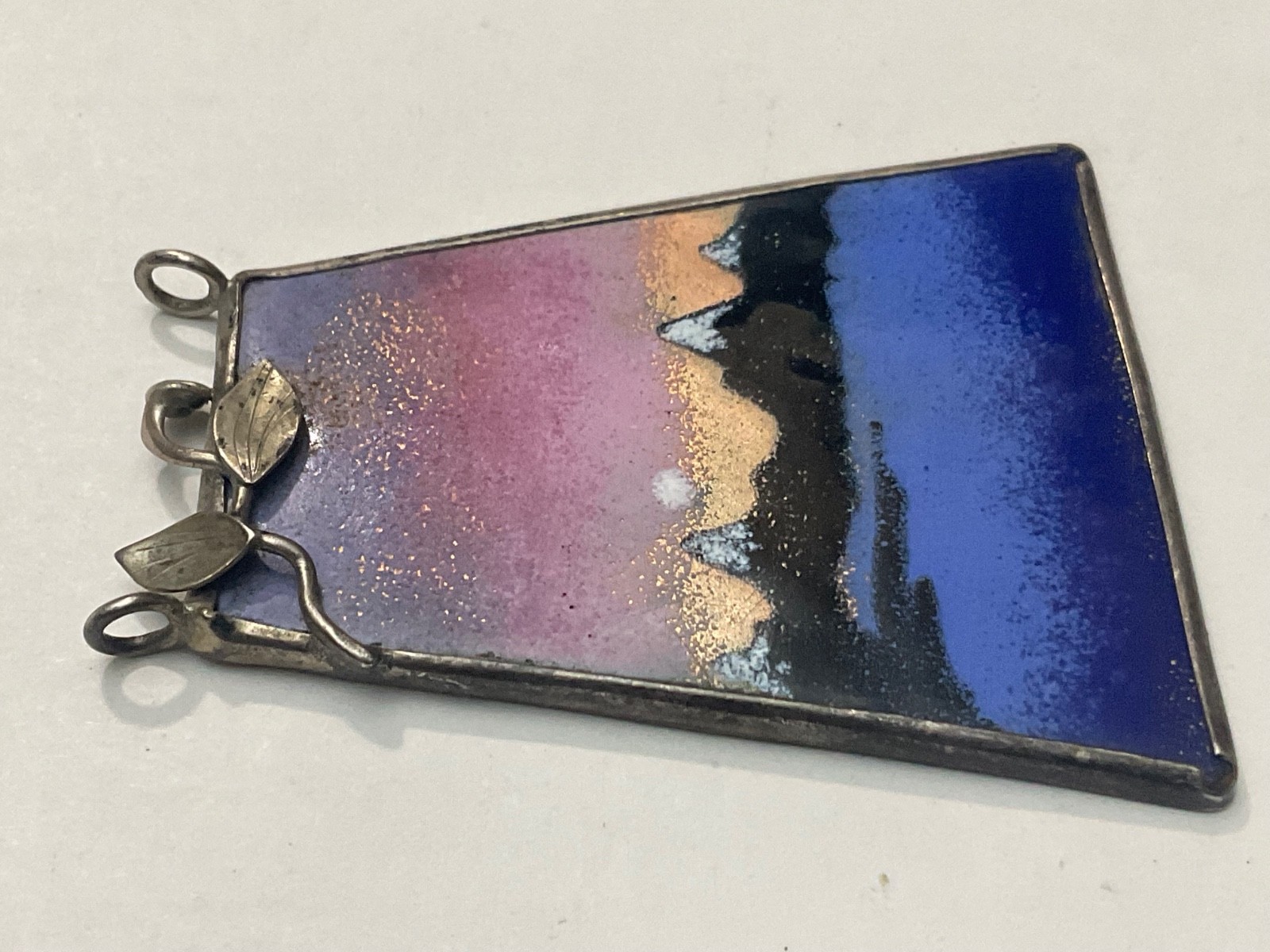 Rare Sterling Floral Mountain View Enamel Pendant Signed Rev. Kathleen Beauty