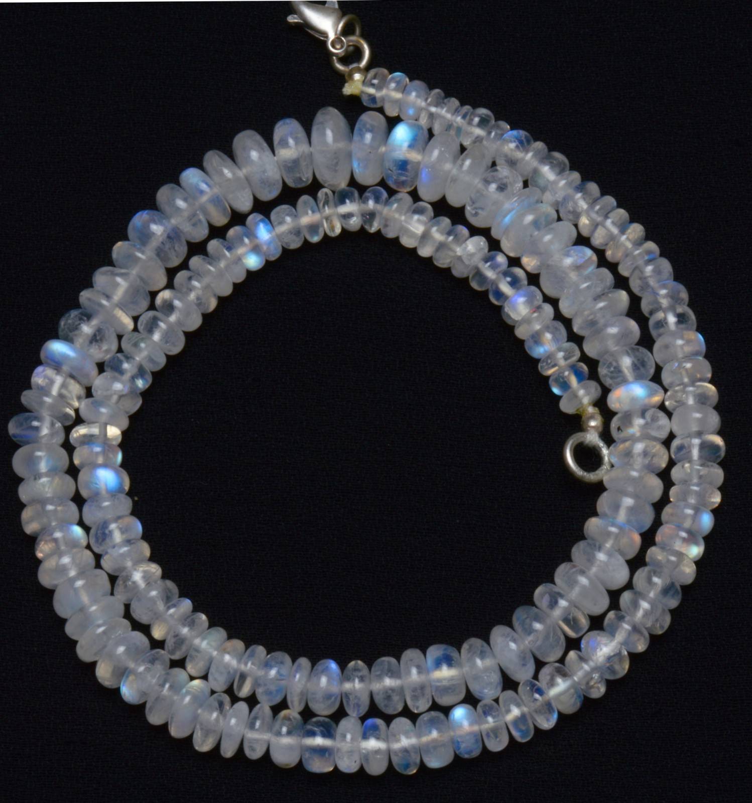 NATURAL GEM BLUE FIRE RAINBOW MOONSTONE SMOOTH 5-10MM RONDELLE BEADS 18″NECKLACE