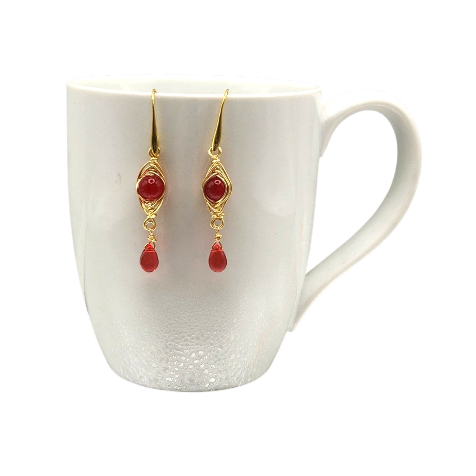 Handmade Stone Herringbone Wire Wrapped Dangle Earrings Gold Silver Bronze