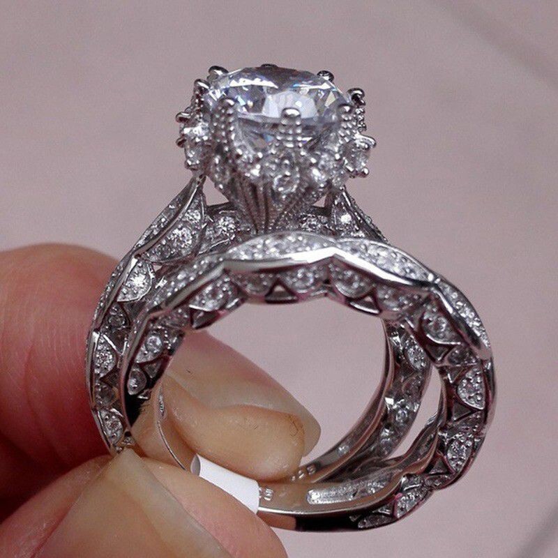 925 Silver Plated Ethnic Vintage Ring 2 Ct CZ Inlay Bridal Marriage Ring Set