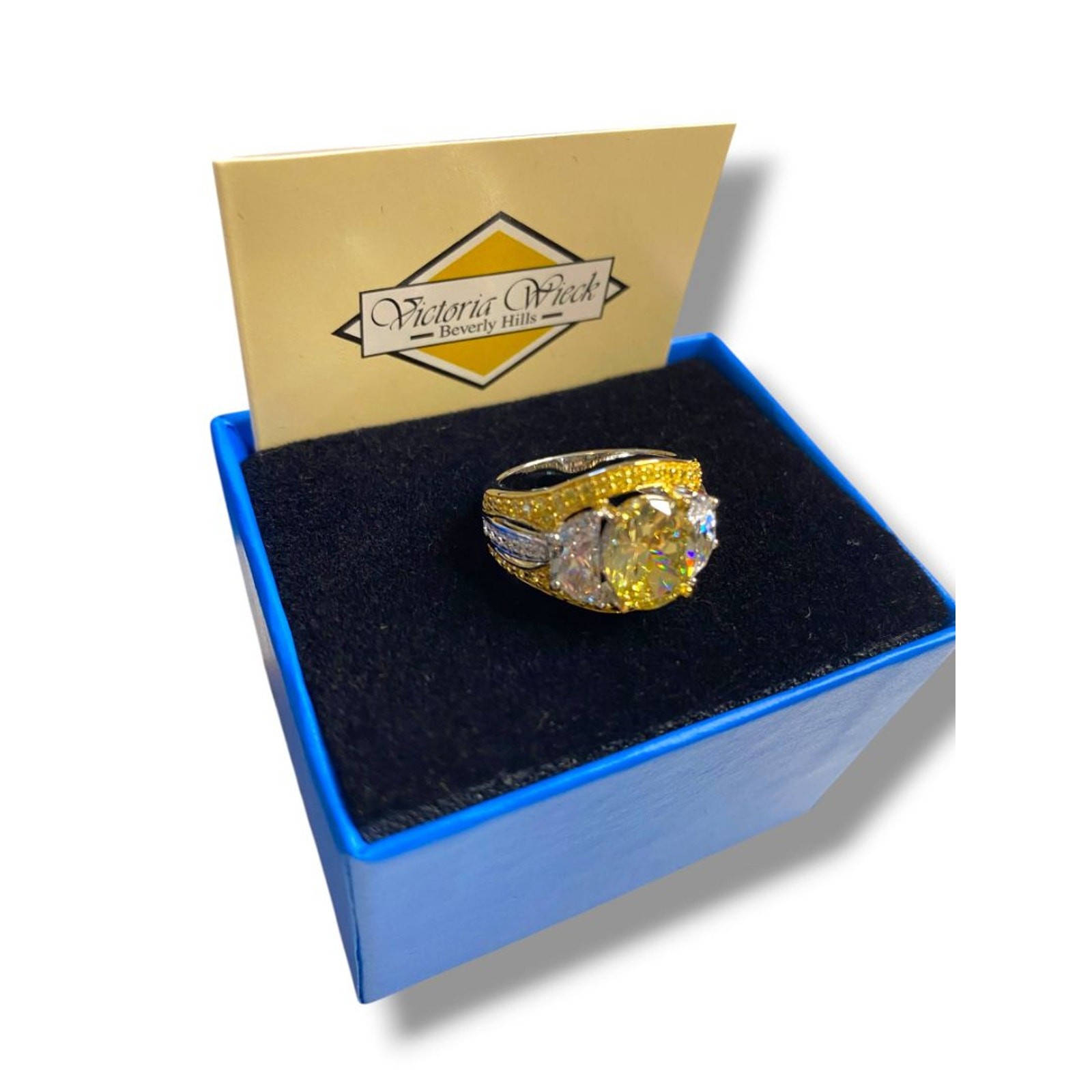 Size 6.5 Victoria Wieck PAJ Vermeil Yellow & Clear CZ Three Stone Cocktail