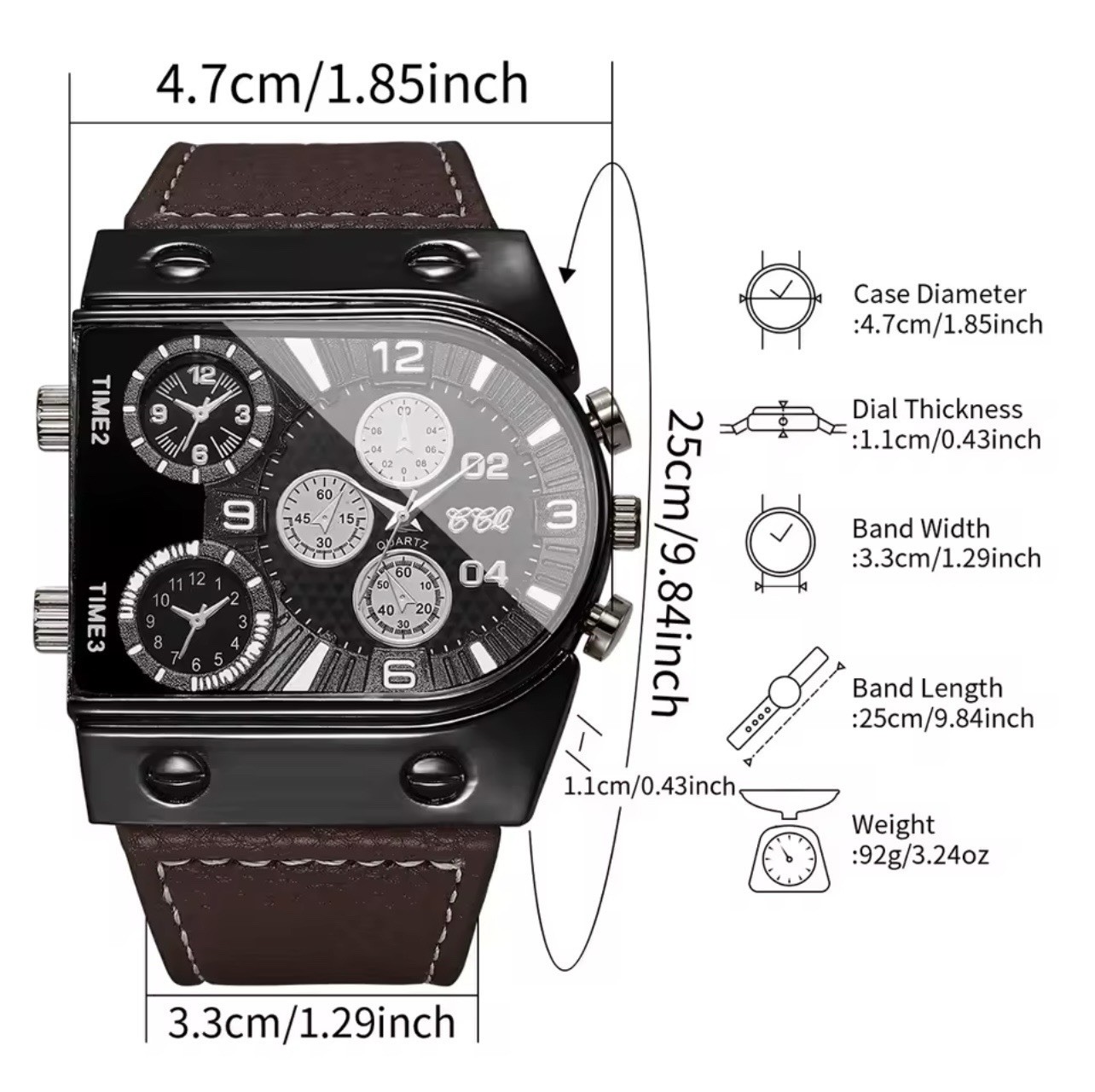 Men’s Quartz Analog Wristwatch Rectangle 47mm Black/Silver Dial Brown Leather