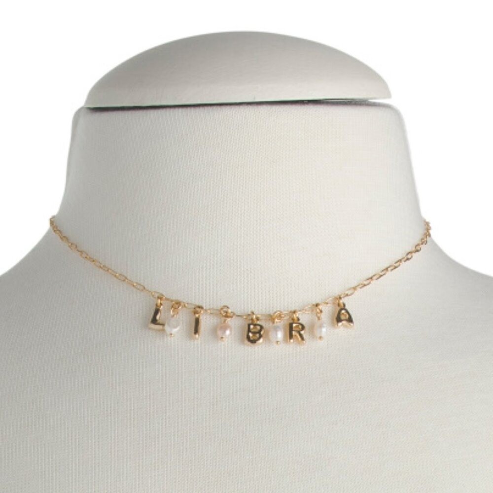 NWT LUNA NORTE Libra Gold Tone Pearl Astrological Lettering Necklace w/ Gift Box