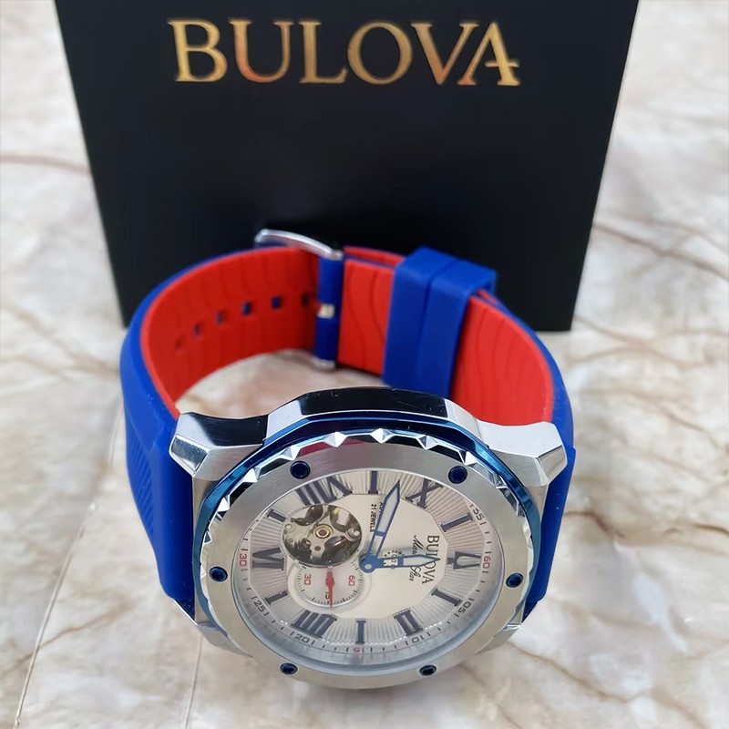Bulova Marine Star Blue/WhiteDial Red Silicone Men’s Automatic 98A225 Watch 45mm