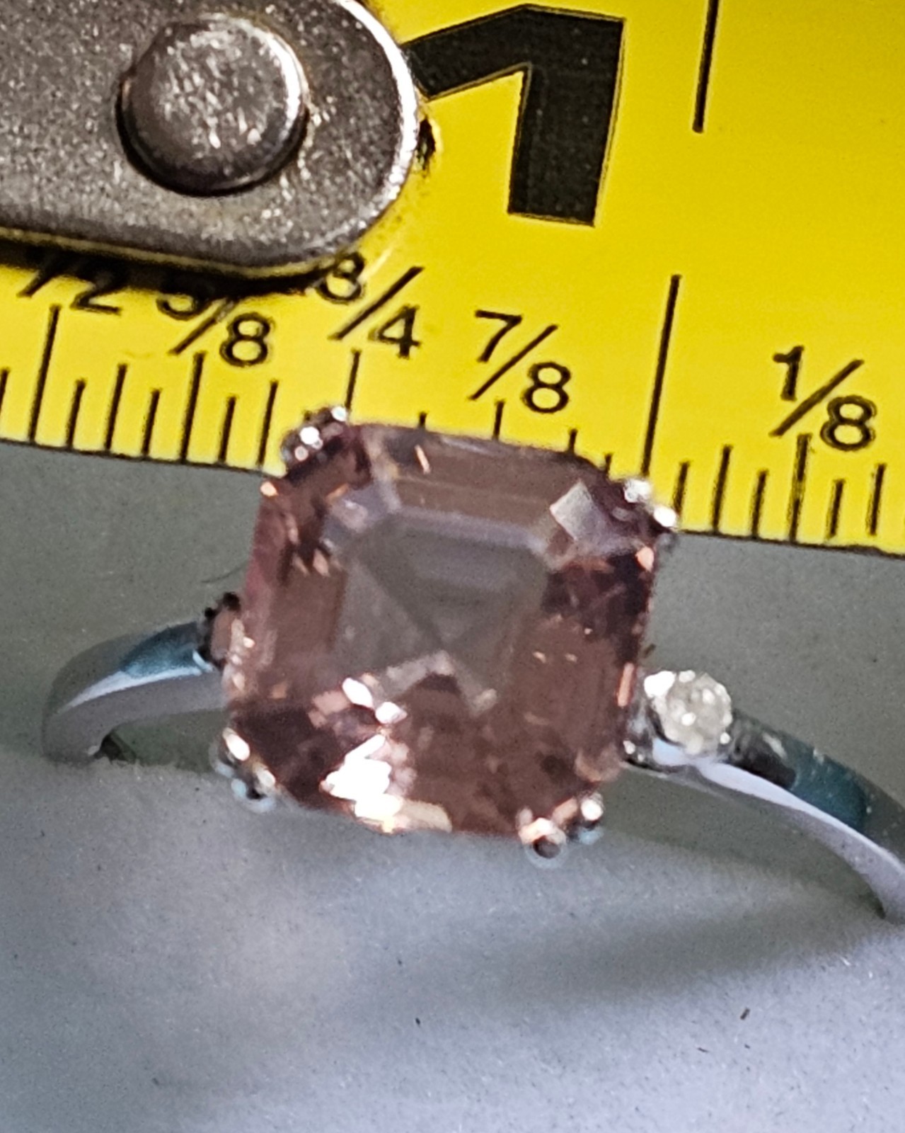 10k White Gold Pink Peach Morganite Solitaire & Diamond Band Ring Set Size 7