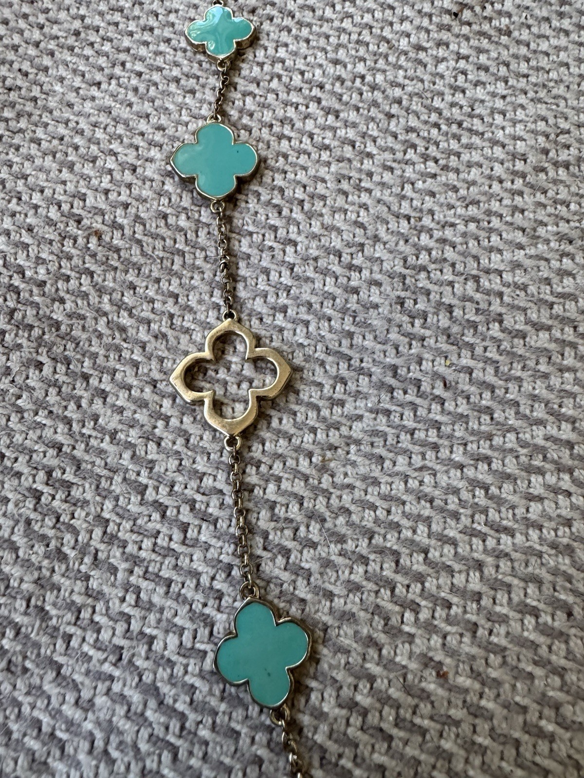 Vintage Gold Tone Metal and Turquoise Enamel Clover Leaf Shaped 38” Necklace
