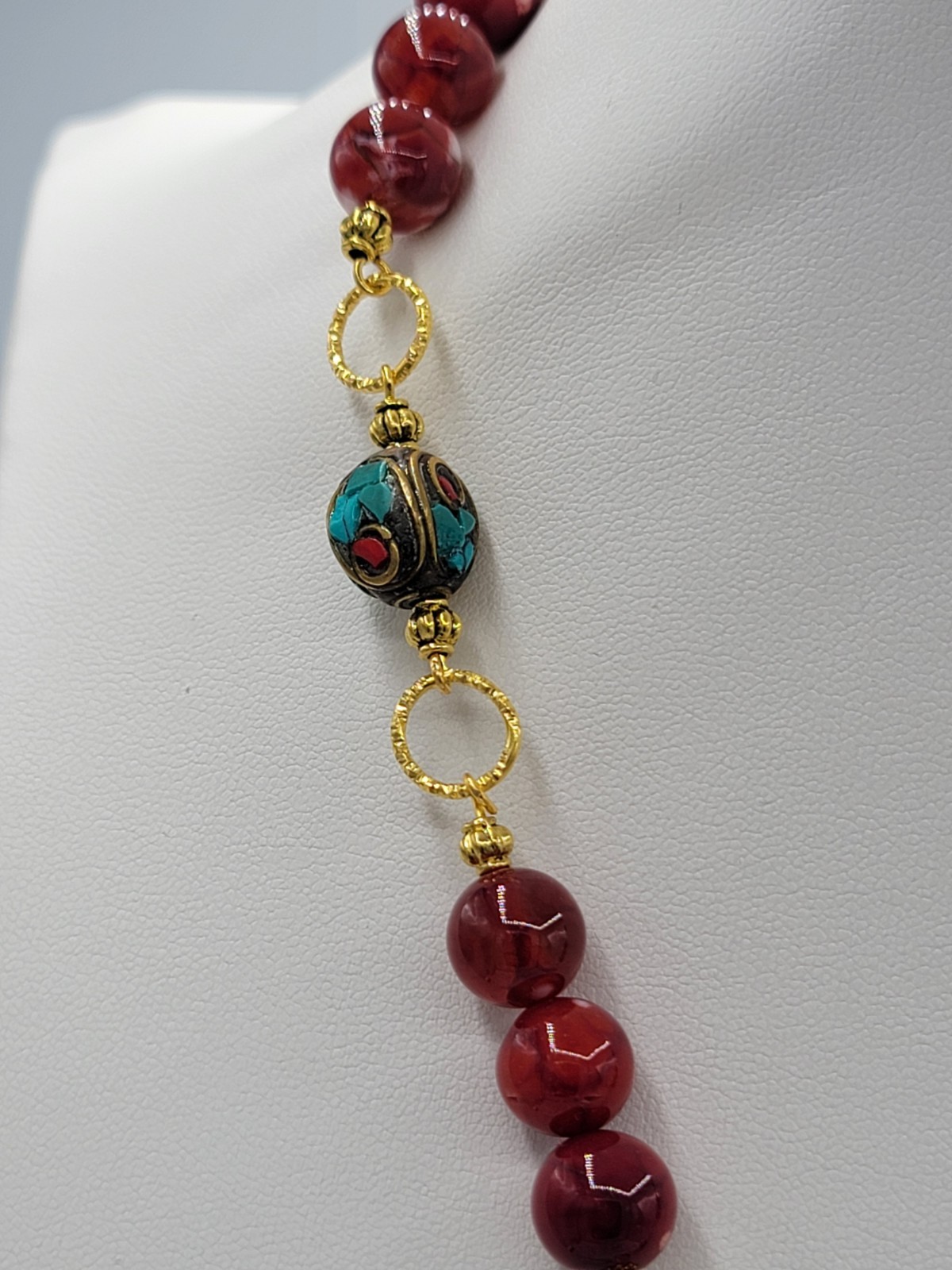 Red Turquoise Black Gold Beaded Necklace Fish Charm Pendant Lobster Clasp