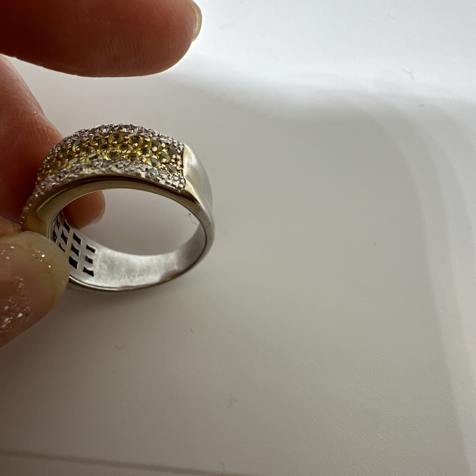 M 18k white gold diamond yellow sapphire wide band ring 10.6g designer 6.75 fine