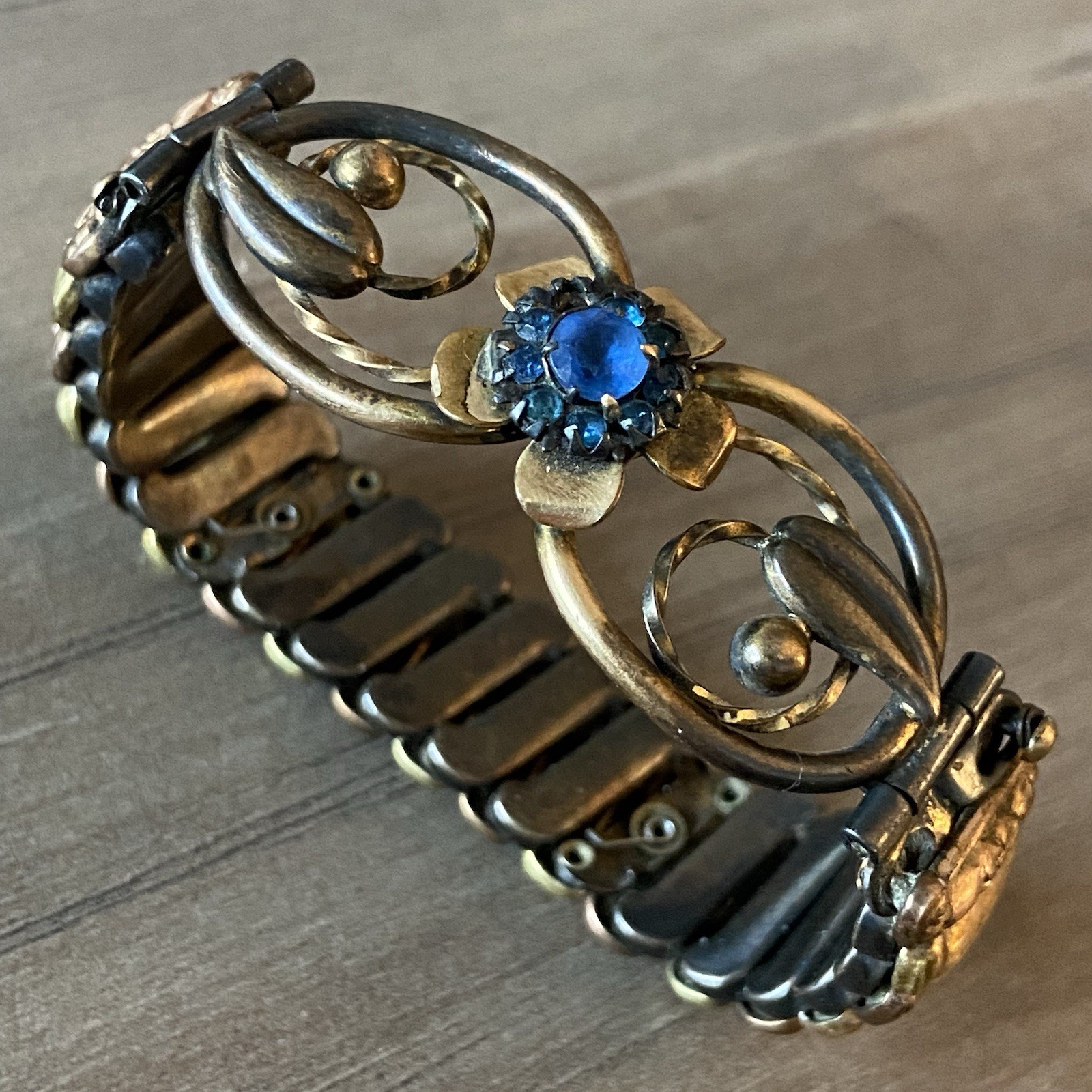 Vintage Lustern Bracelet 12K Gold Filled on Sterling w/Blue Gem Floral Accent