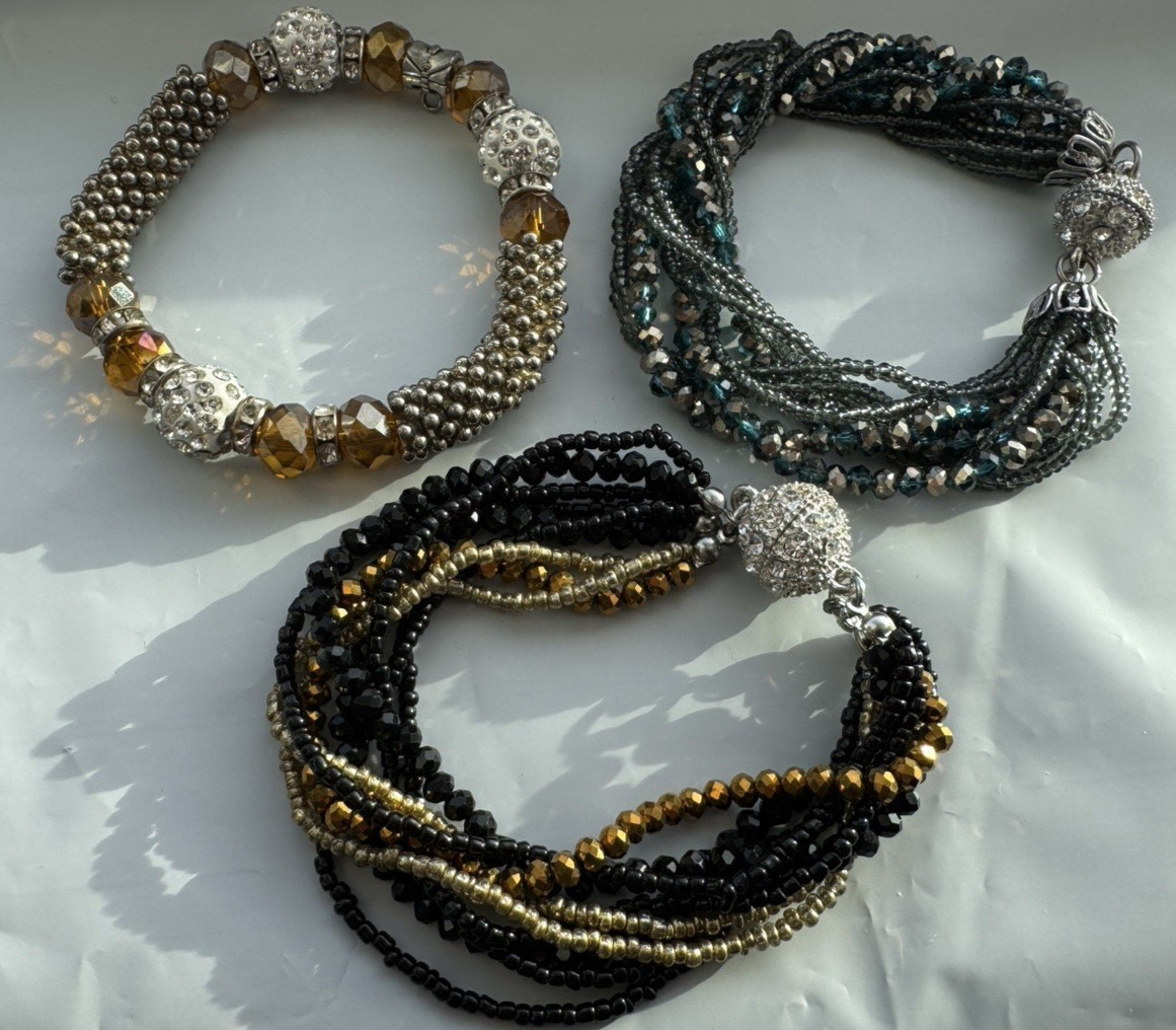 Set of 3 Beaded Bracelets Magnetic Rhinestone Clasp Multi-Strand Black Gold