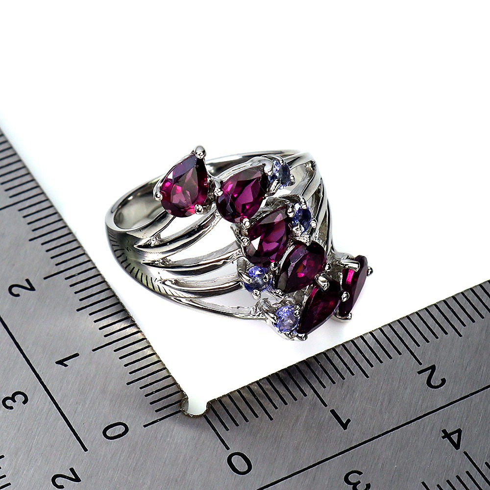 925 Sterling Silver Ring Pear Rhodolite Tanzanite Natural Gemstone Jewelry Size