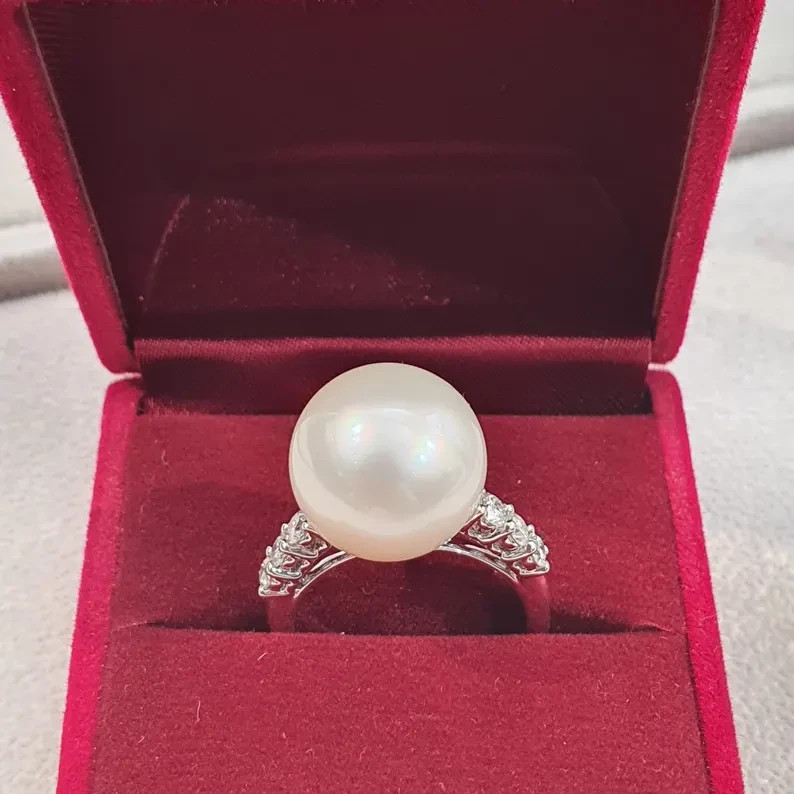 14mm Natural South Sea Pearl Ring with Diamonds in 18K White Gold Size US 6