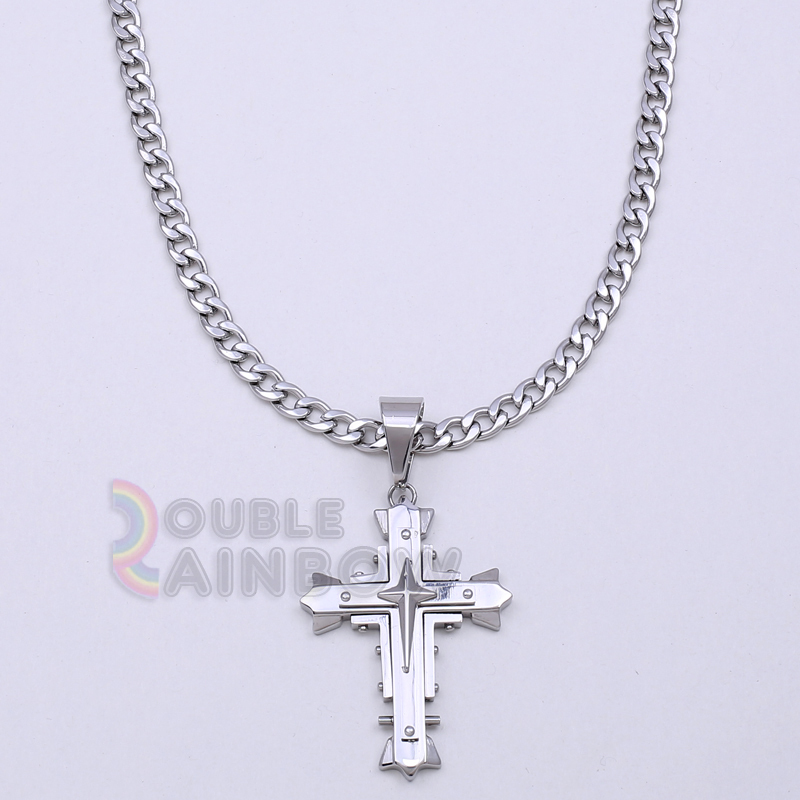 8P3 18-36″Men Stainless Steel Silver Cross Pendant 6MM Cuban Necklace Chain